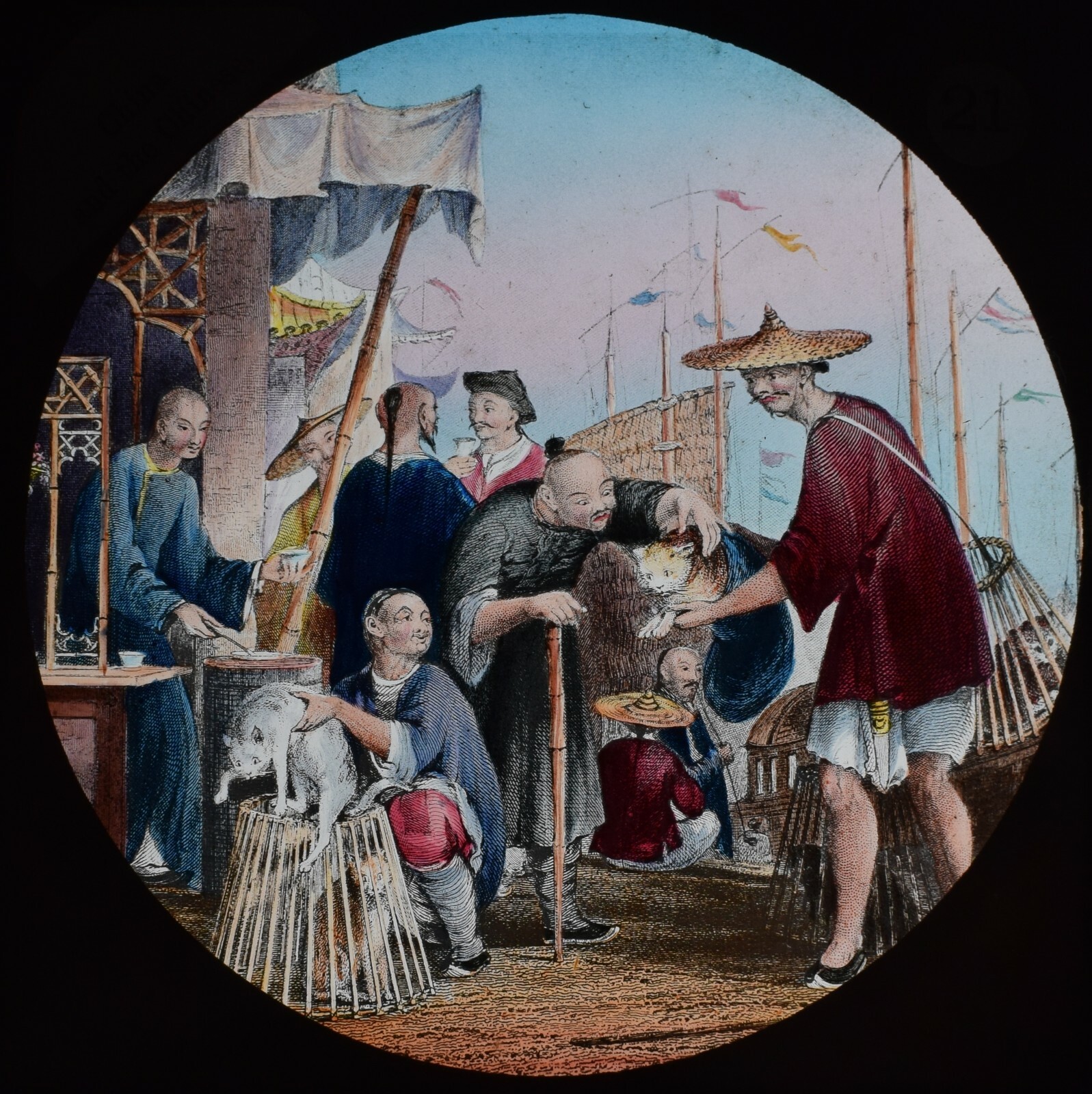 ANTIQUE HAND COLOURED Magic Lantern Slide CAT SELLERS C1890 ILLUSTRATION CHINA