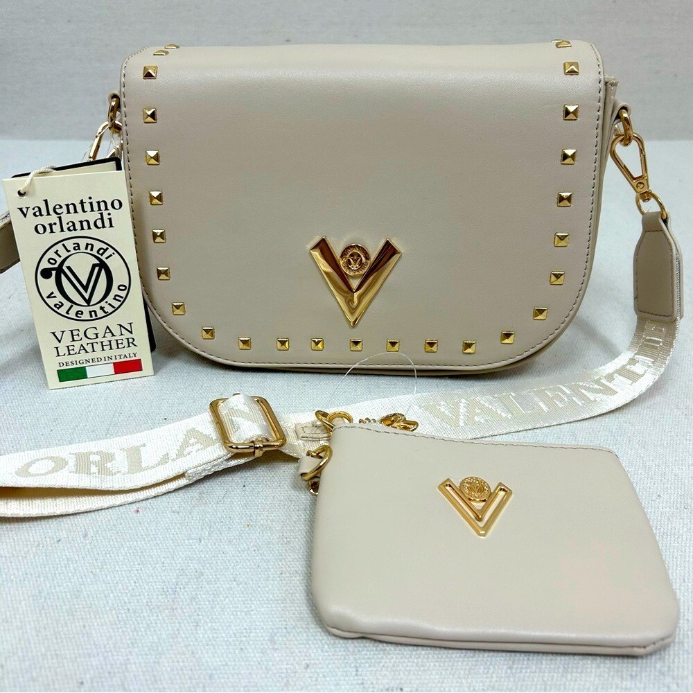 Valentino Orlandi Taupe /Cream Vegan Leather Crossbody Shoulder Bag Purse