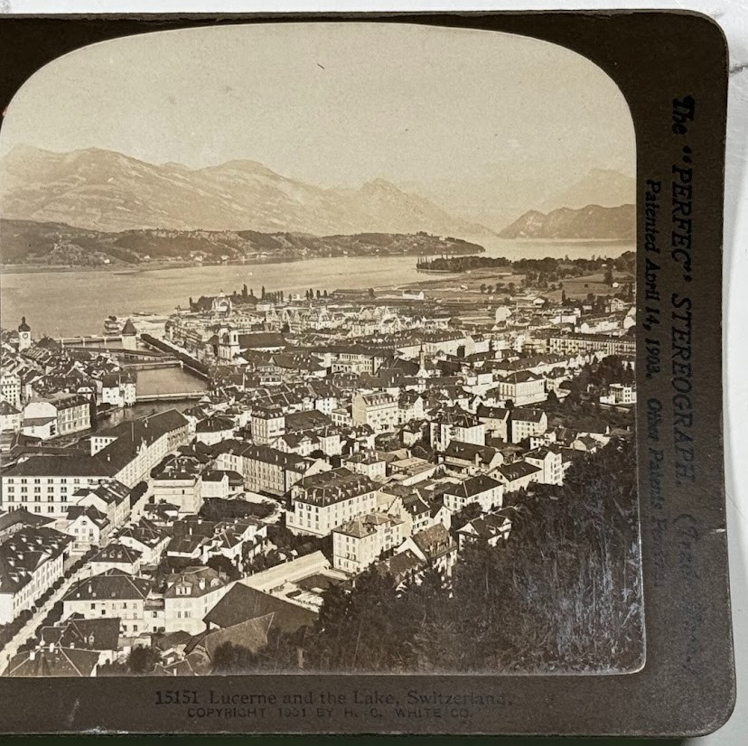 Panoramic View of Lucerne and the Lake with Swiss Alps, Switzerland Stereoview