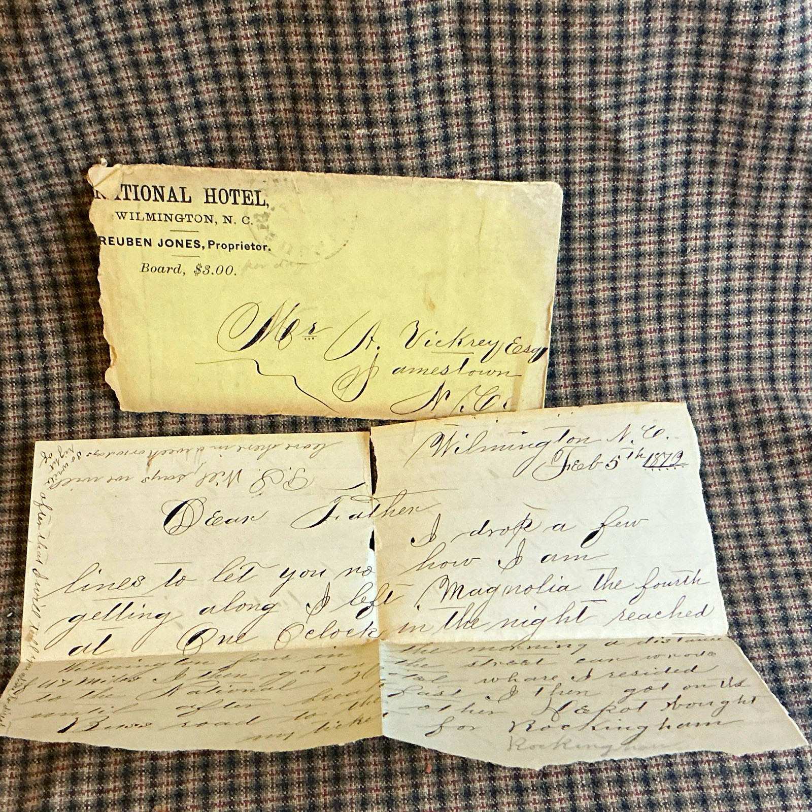 Pre-1900 Handwritten Personal Letter National Hotel Wilmington NC Feb 5 1872