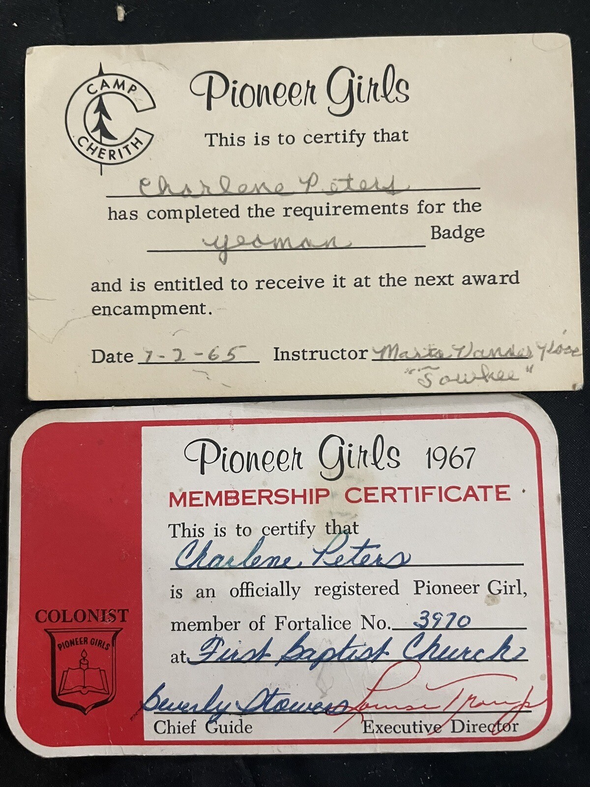 2 Vintage First Baptist Church PIONEER GIRLS MEMBERSHIP CARDS 1965, 1967