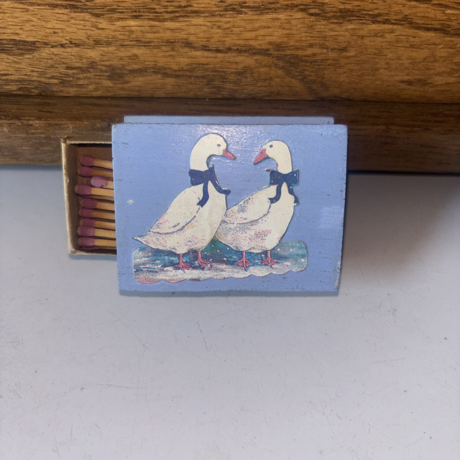 Vtg Cottage Core Wooden Matches Holder W/ 2 Geese On It Blue