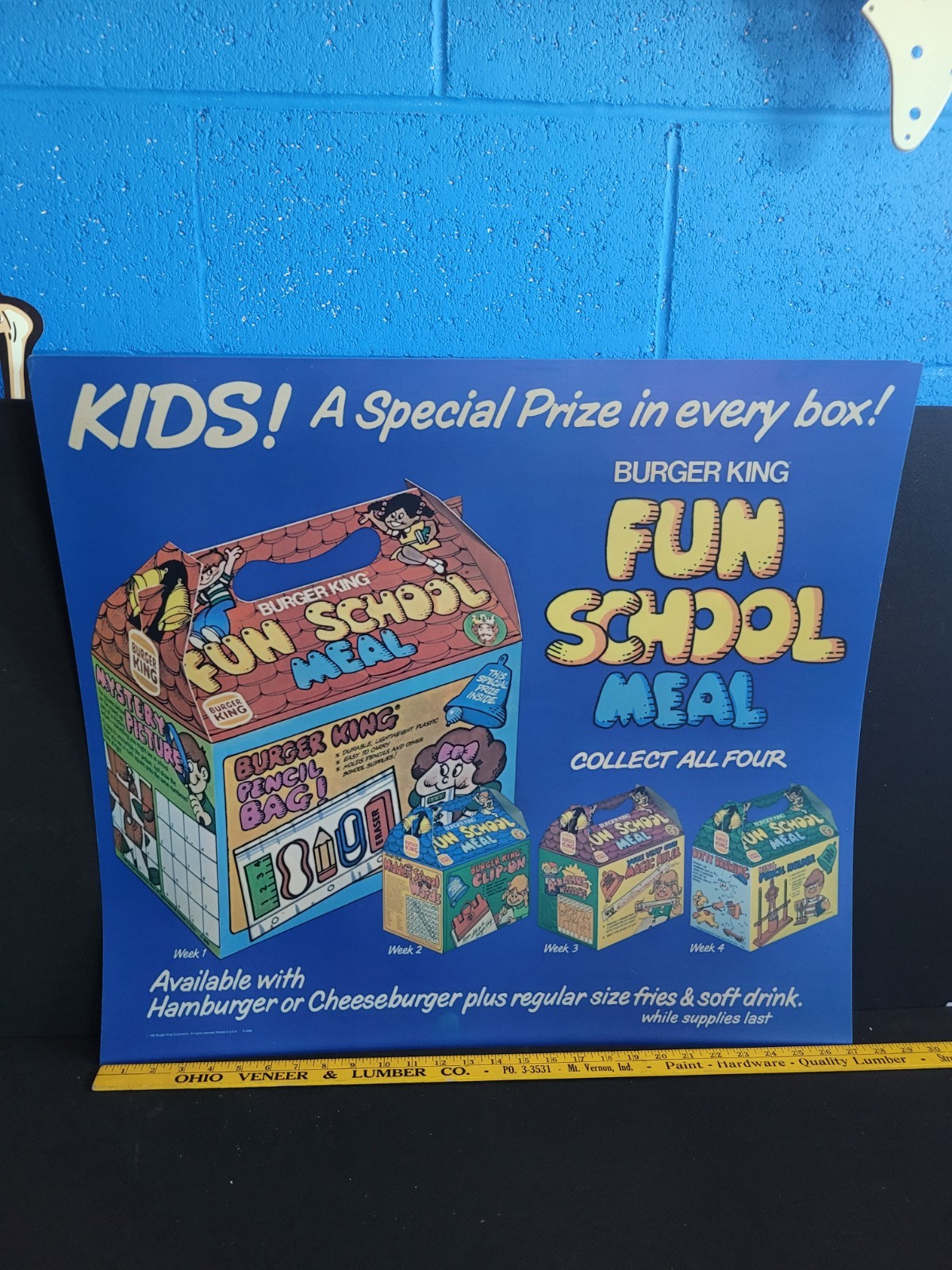 Vintage Burger King 1981 Fun School Meal Launch Giant Translite Sign 27 X 25 