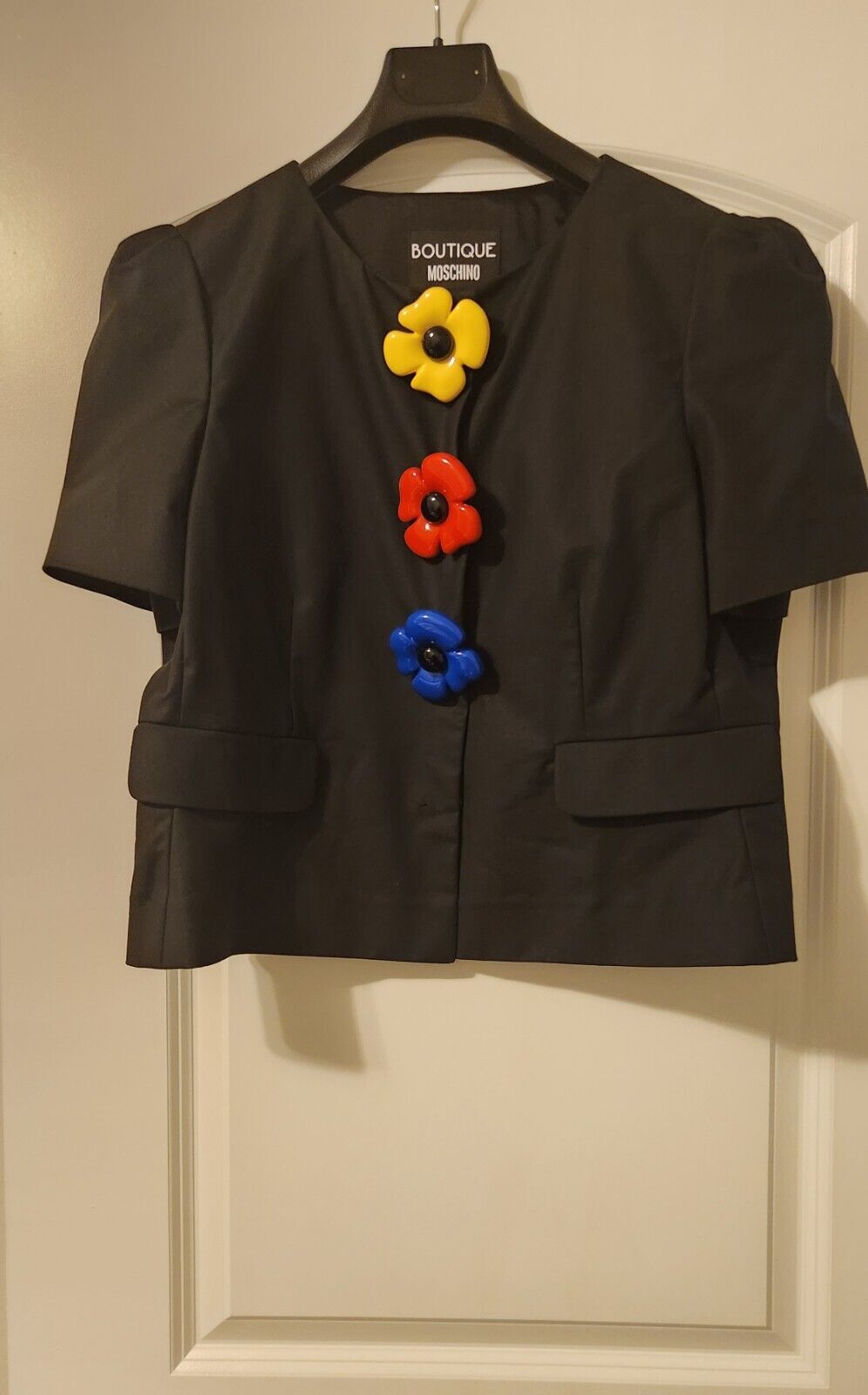 Women\'s Moschino Black Jacket With Three Flower Buttons Fits Size L/XL