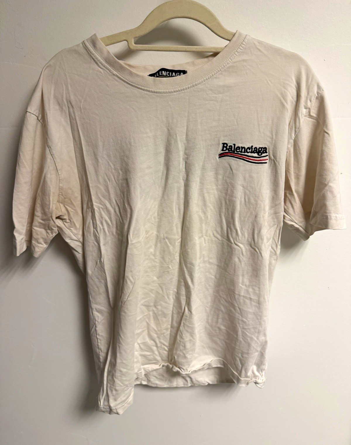 Balenciaga Men\'s M White Paris Graphic Logo Crew Neck Short Sleeve Cotton Tee