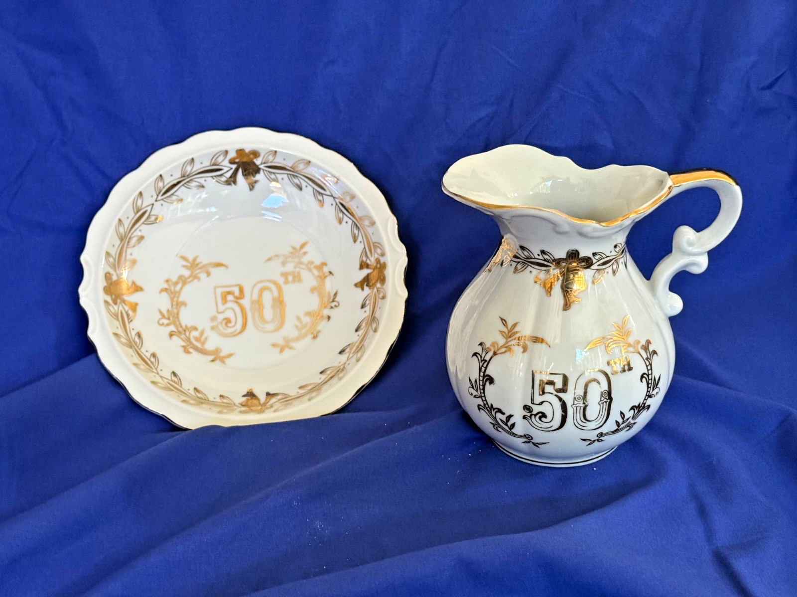 Vintage Lefton China 50th  Anniversary White&Gold Pitcher & Bowl #5991