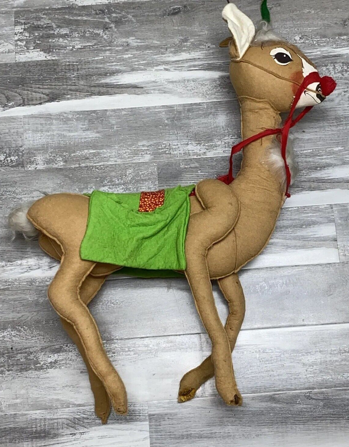 Vtg 70s Annalee Rudolph Reindeer Deer Green Saddle Bag 22” Mobilitee Meredith NH