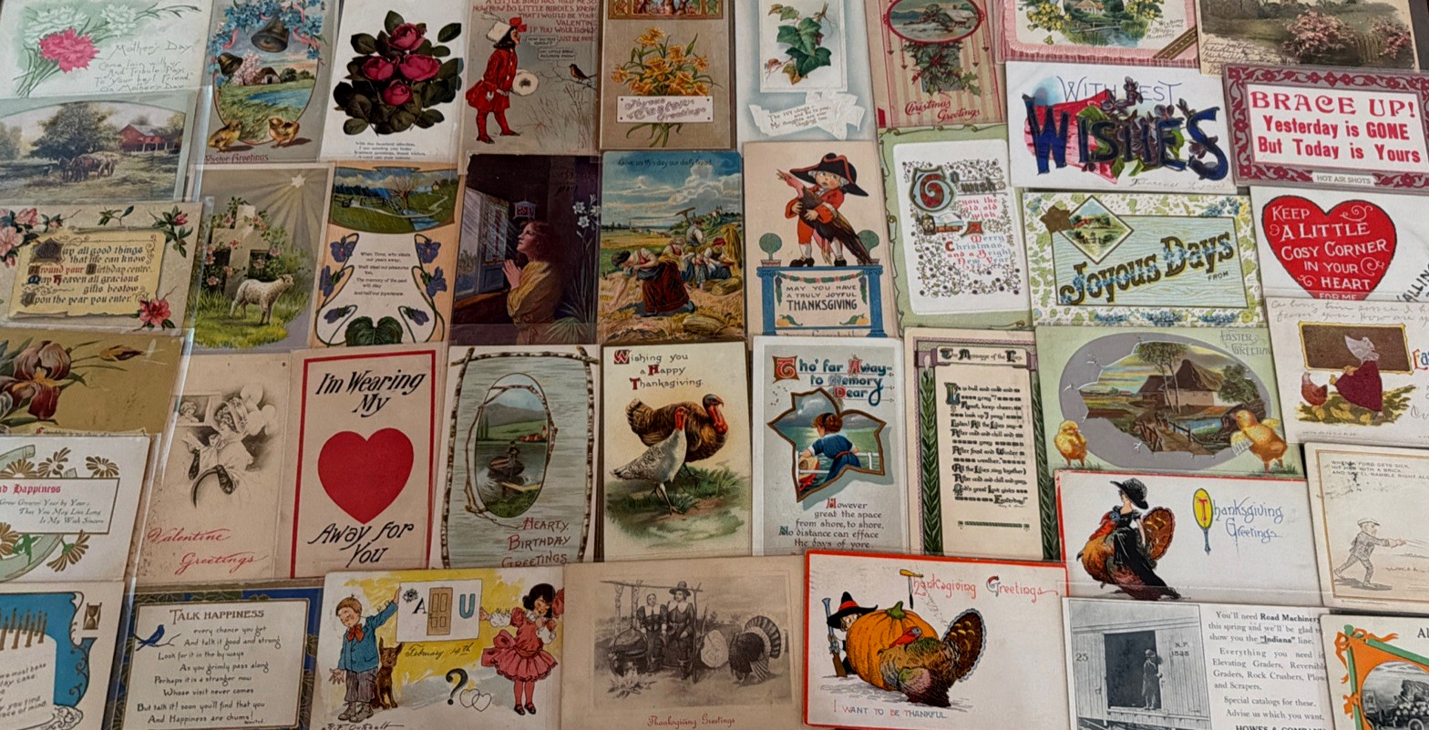 ~Lot of 43 Antique 1900\'s~Mixed Topics Greetings Postcards~All with stamps-s785