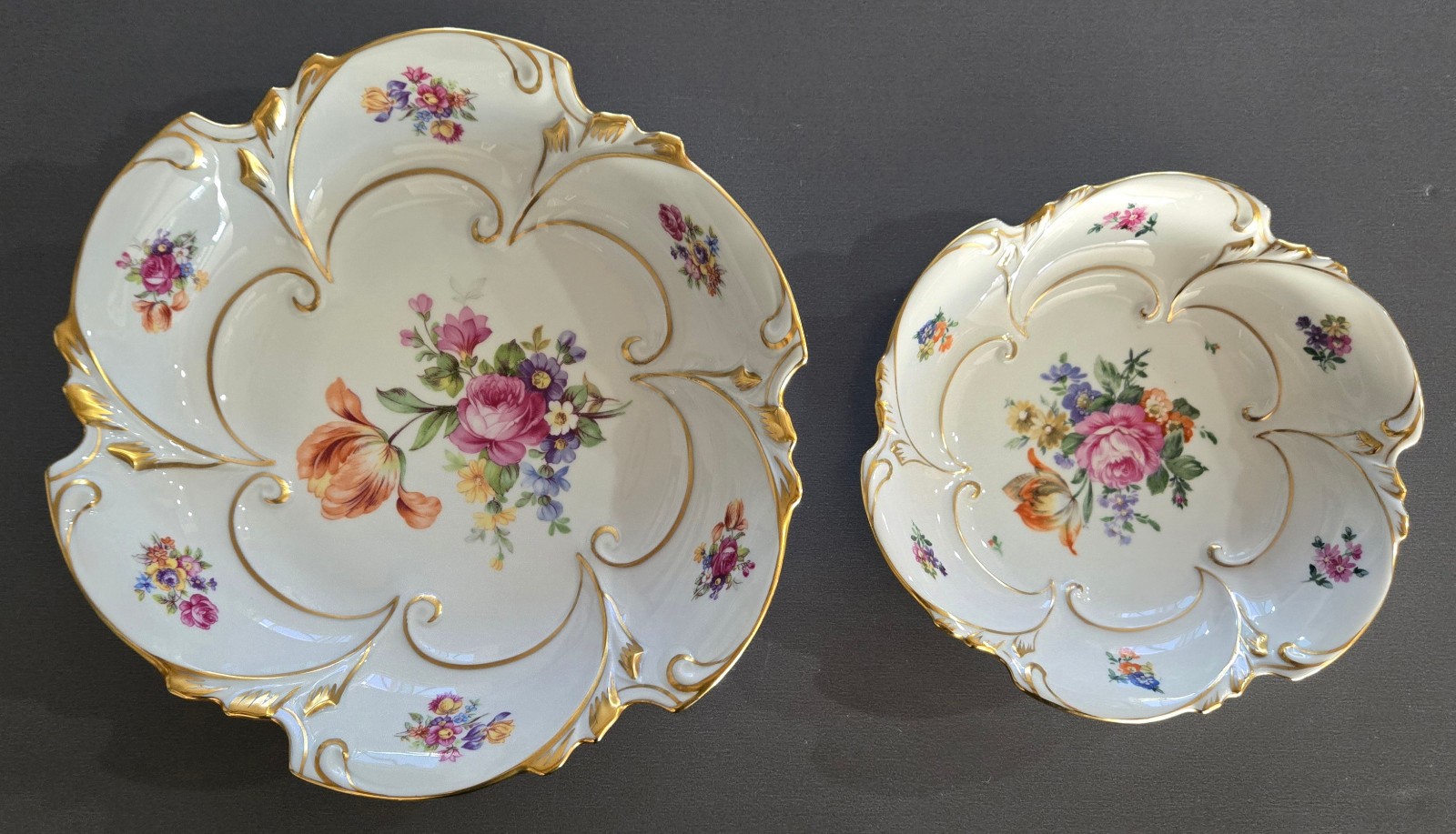 Vintage Ilmenau East German Porcelain Floral Gold Gilt Bowls Set 2 Henneberg