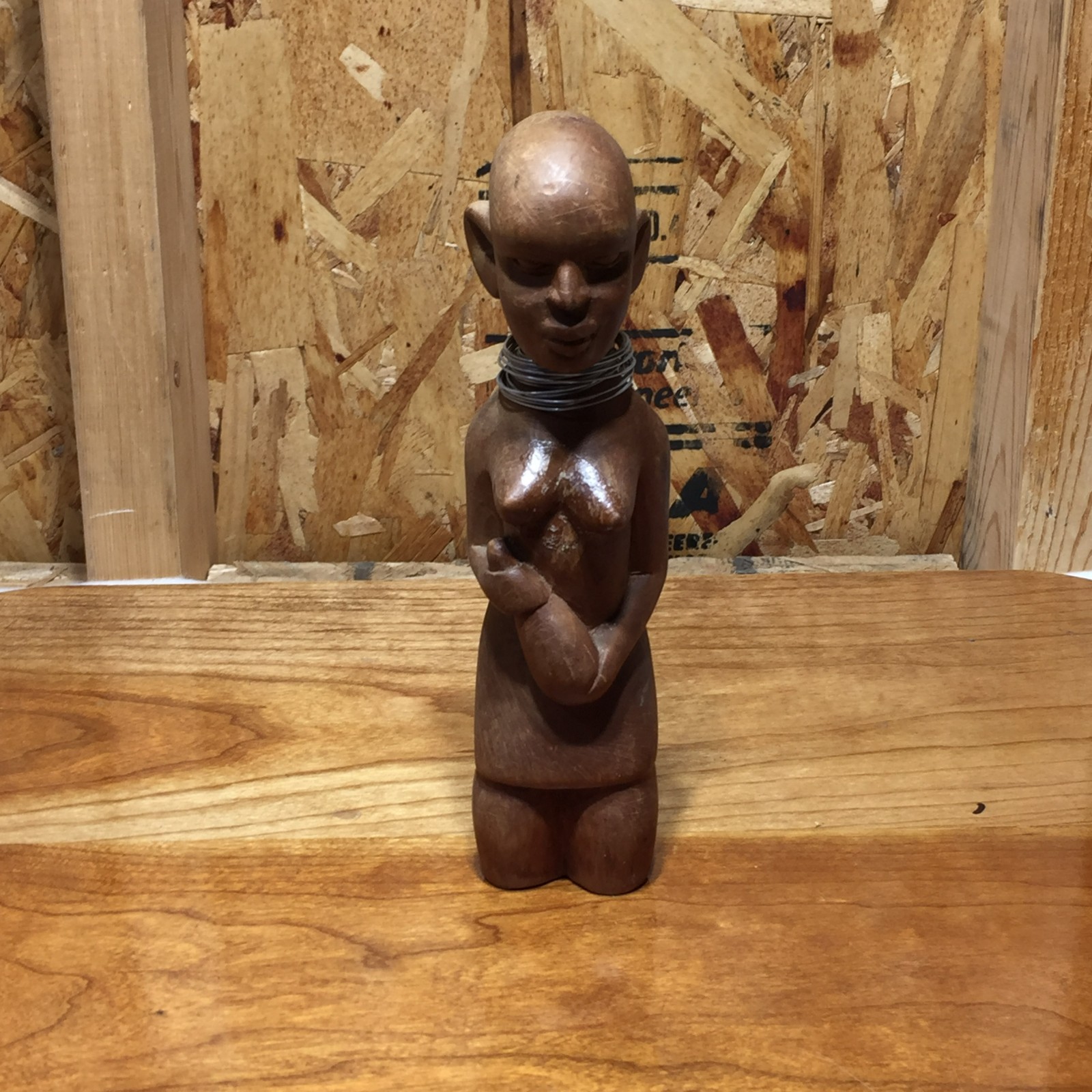 VTG Hand Carved Wooden Figurine Woman Holding Vase Ring Necklace Stack 7\