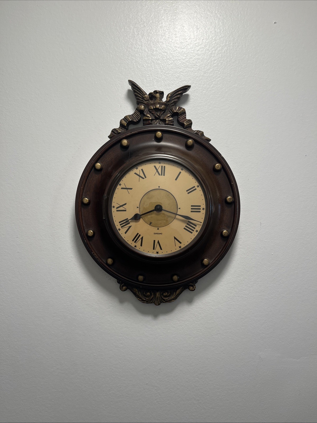 Rare Antique 1931 Sangamo Electric Wall Clock Eagle Federal Mahogany Porthole
