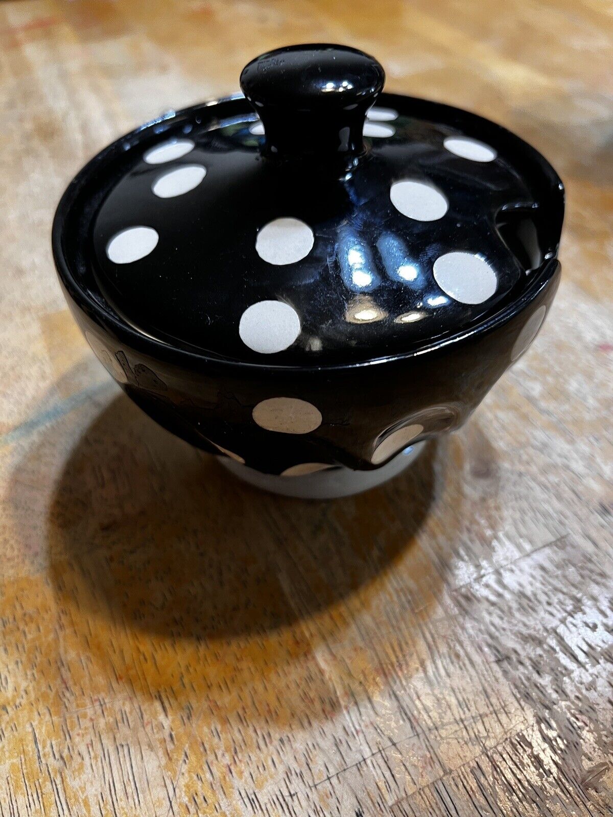 EUC Black & white Polka Dot Sugar Bowl With Lid~Global Design Connections. Cute