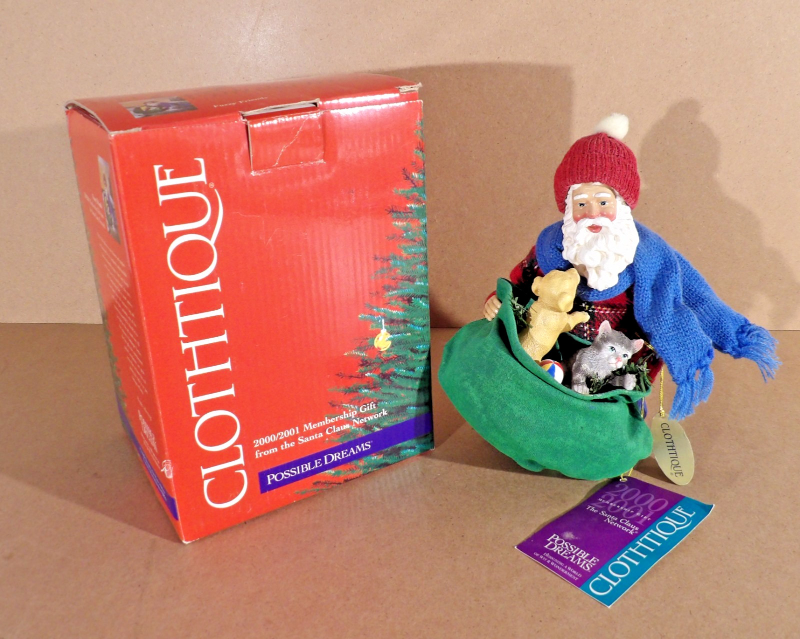Clothtique Possible Dreams Fuzzy Friends Santa Puppy Kitten w/Box & Tags 2000