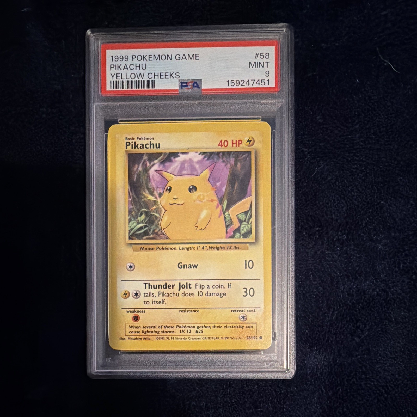 Pokémon 1999 Game Pikachu #58 Yellow Cheeks PSA 9 Cert 159247451
