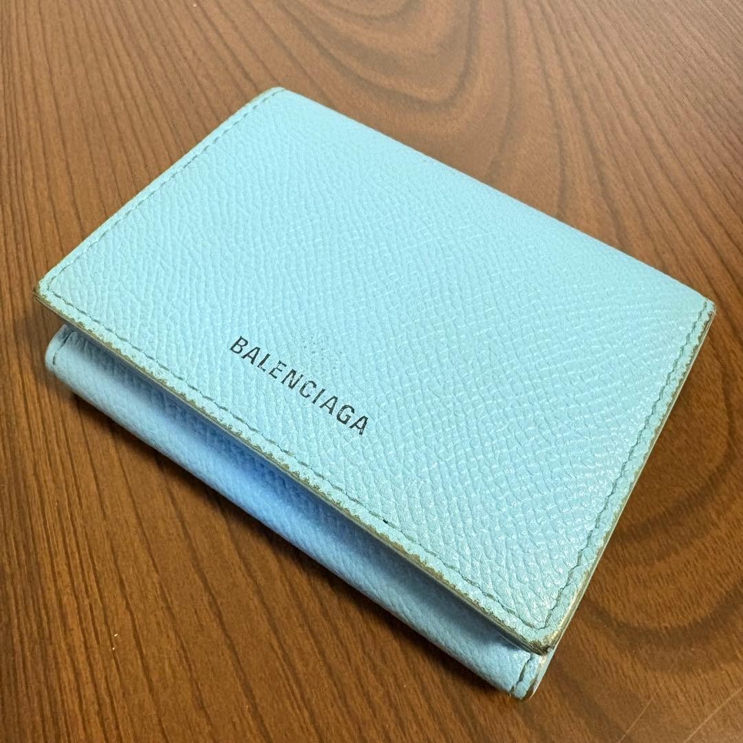 Balenciaga Light Blue Leather Tri-Fold Wallet Men’s Compact Card Holder
