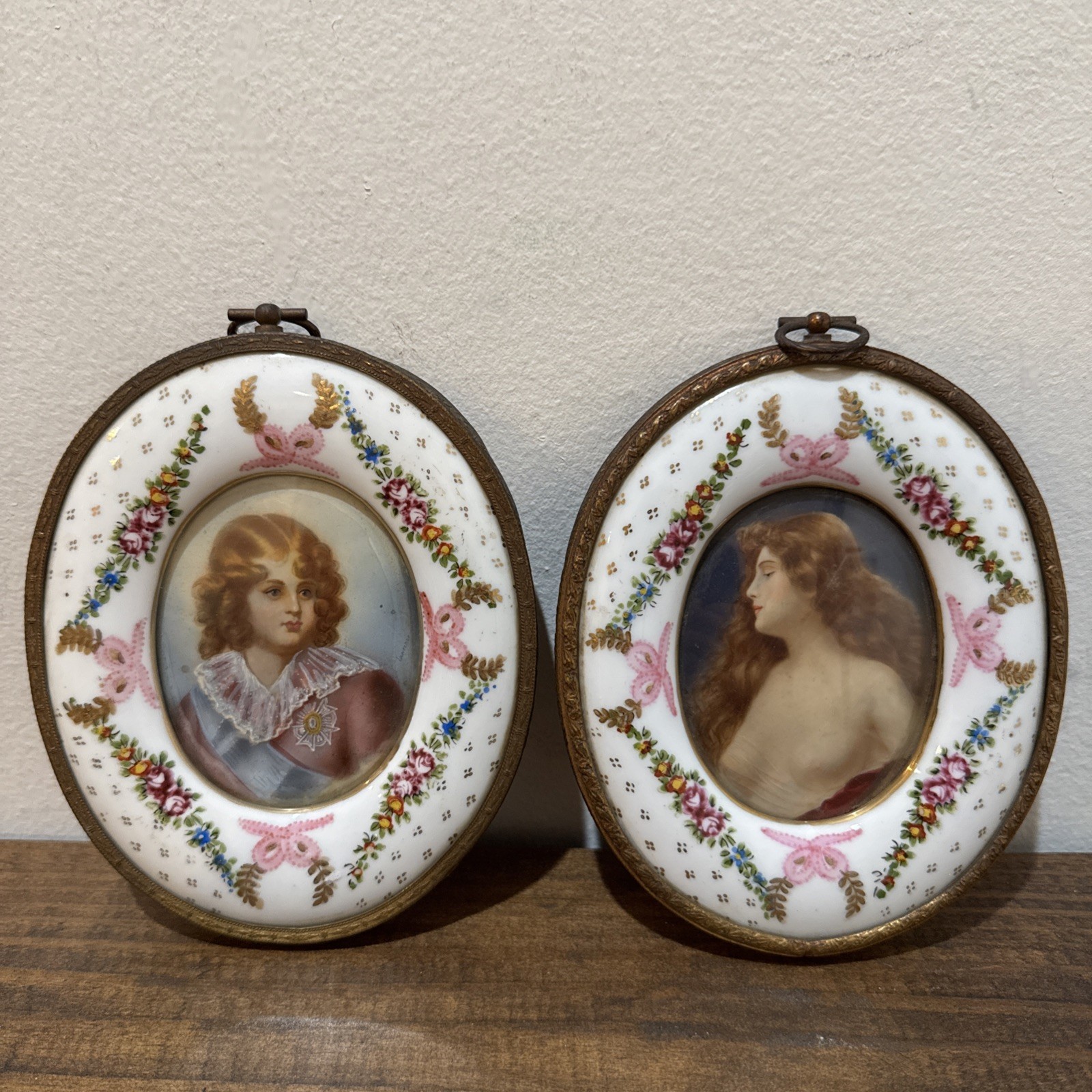 Antique Porcelain Portrait Miniatures Pair Hand Painted Japan Gilt Floral Frames