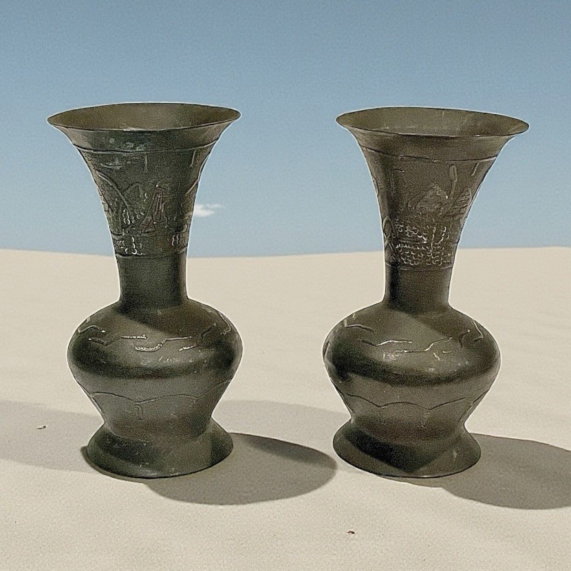 Vintage Pair Mini EGYPTIAN VASES Engraved Copper Pyramids Hyroglifics Sphinx