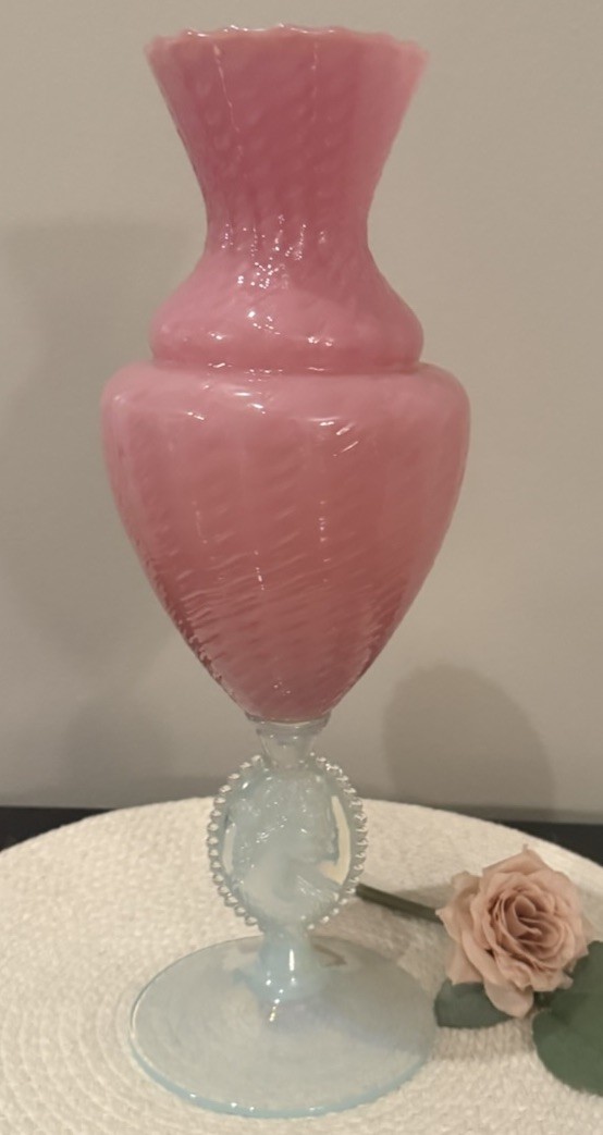 **Rare** Lg Pink Empoli Stelvia Opaline 14.5” Vase With Double Optic Cameo EUC