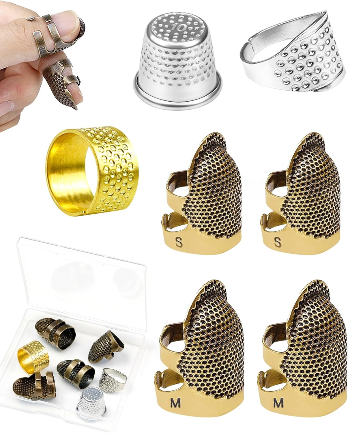 Thimble Kit– 7 PCS Sewing Thimbles for Hand Sewing, Metal Finger Protectors, Thi