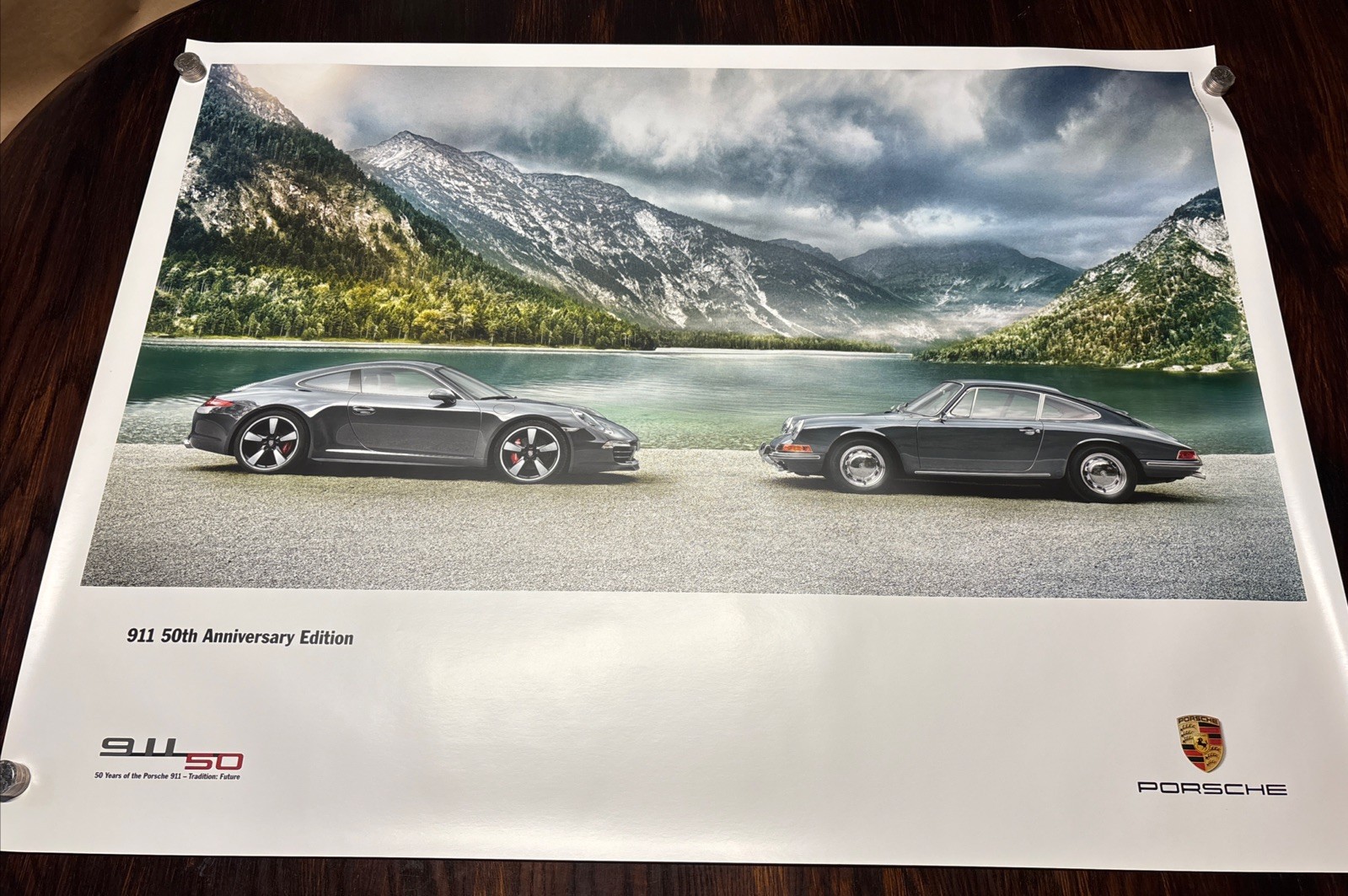 PORSCHE 911 50th ANNIVERSARY CAR FACING 1964 911 SHOWROOM POSTER 2013 NOS
