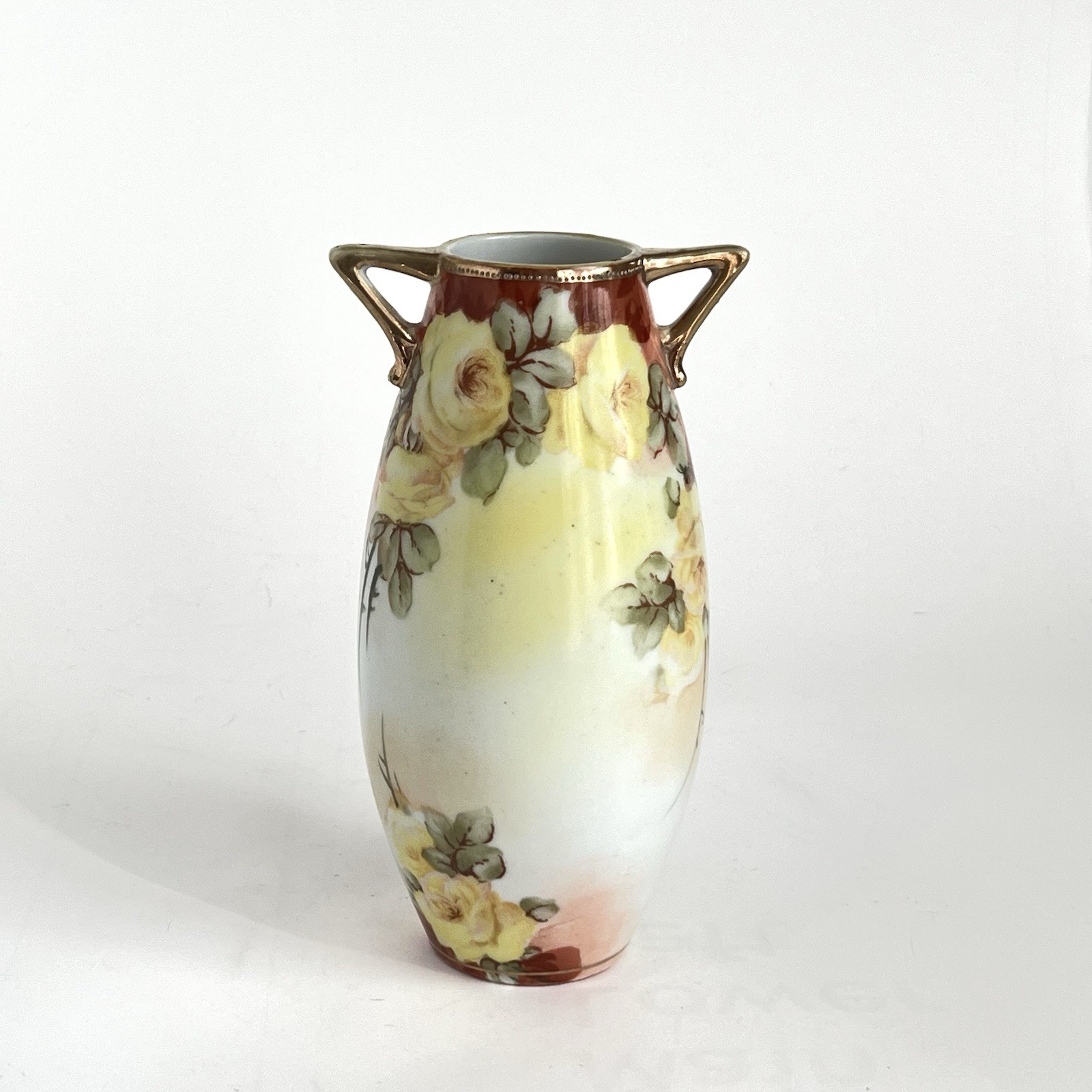 Hand Painted Antique Nippon Nagoya Floral Vase Yellow Roses 7” Cottagecore
