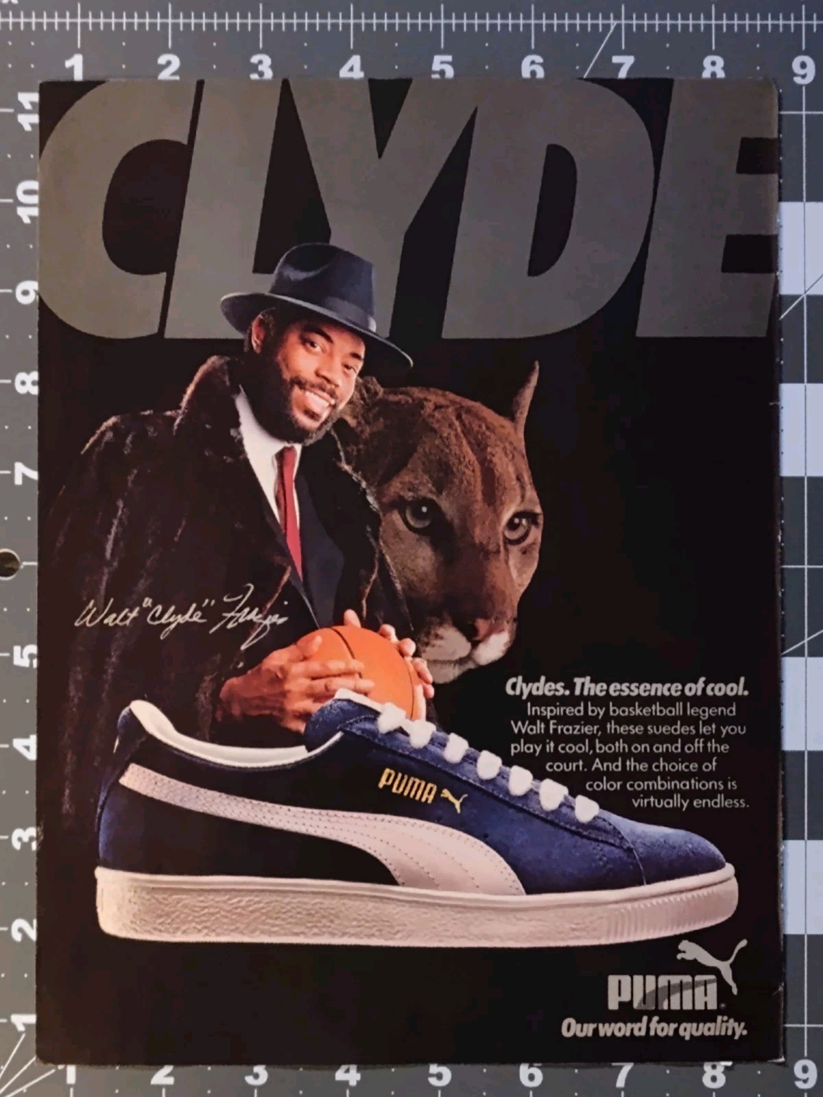 1985 PUMA Clyde Walt Frazier NBA Blue Suede Sneaker Vintage Magazine Print Ad