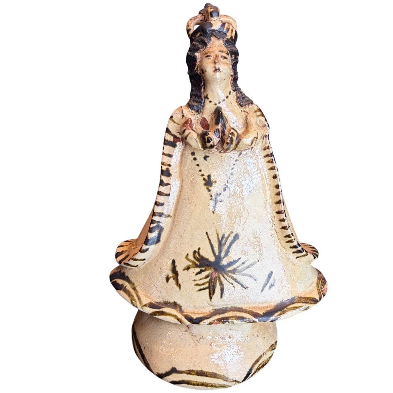Mexican Folk Art Pottery Religious Virgin Mary Saint Cream Brown Statue