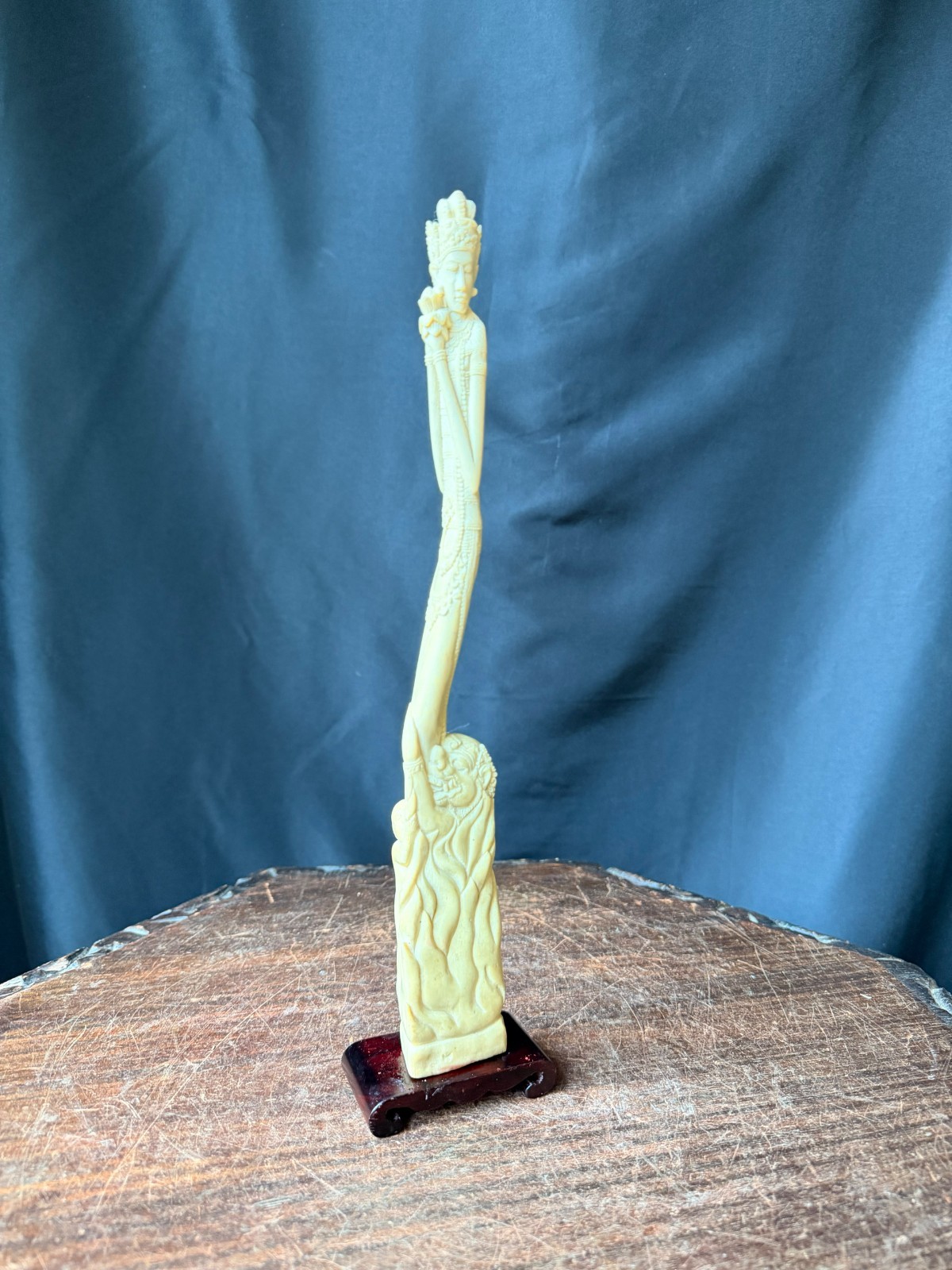 Vintage Balinese Carved Bovine Bone Goddess & Demon Statue Lotus on Stand 12 In