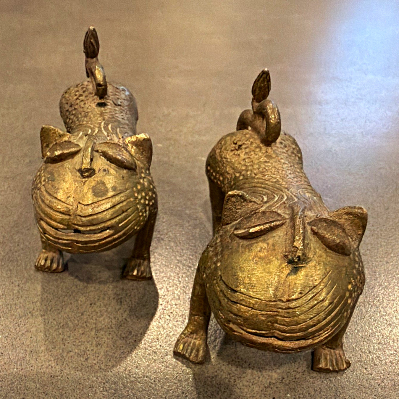 African Benin Style Bronze Pair of Leopard Figures Nigeria West Africa 3in