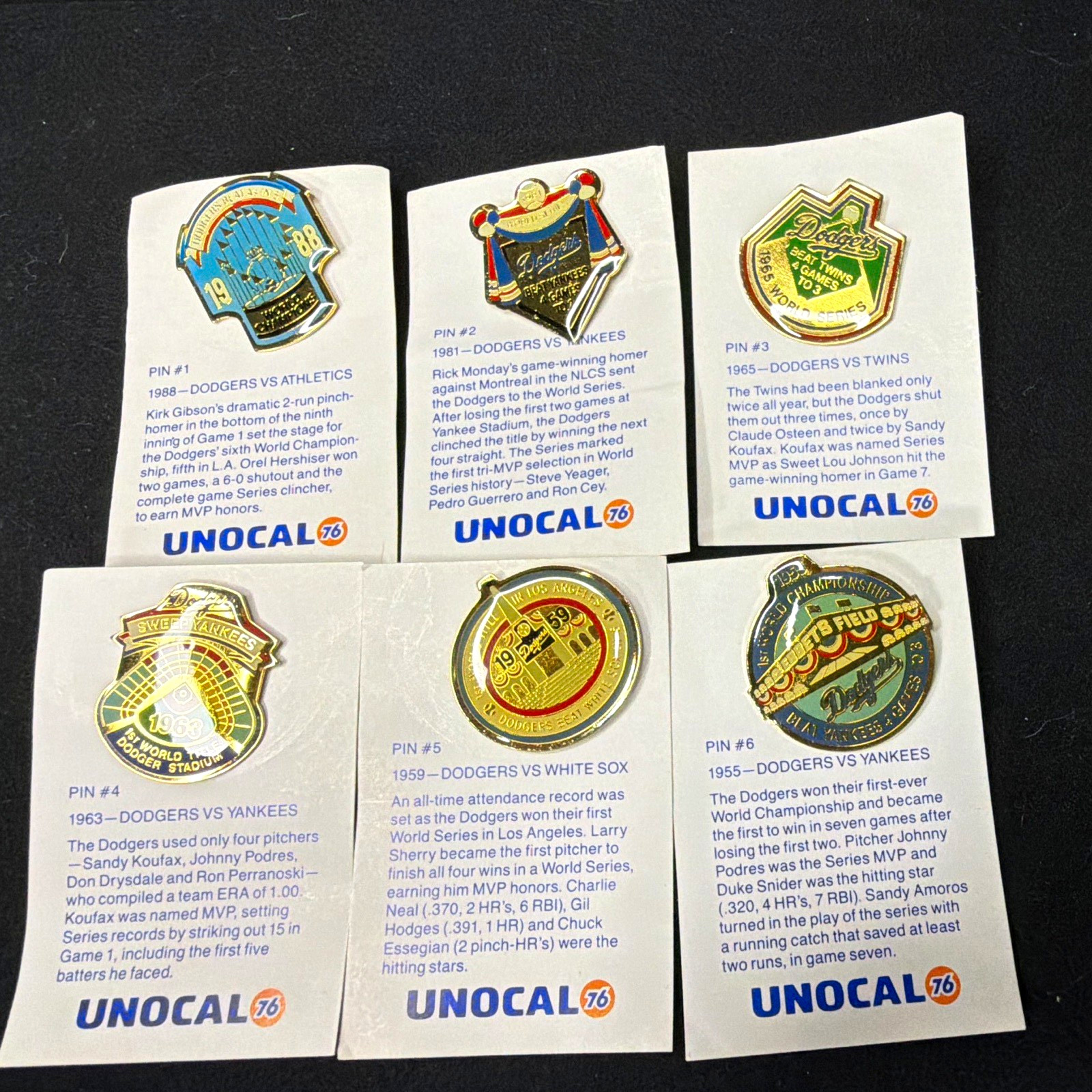 Vintage 1980’s Los Angeles Dodgers Lapel Collectible Pins- Set of 6- Unocal 76