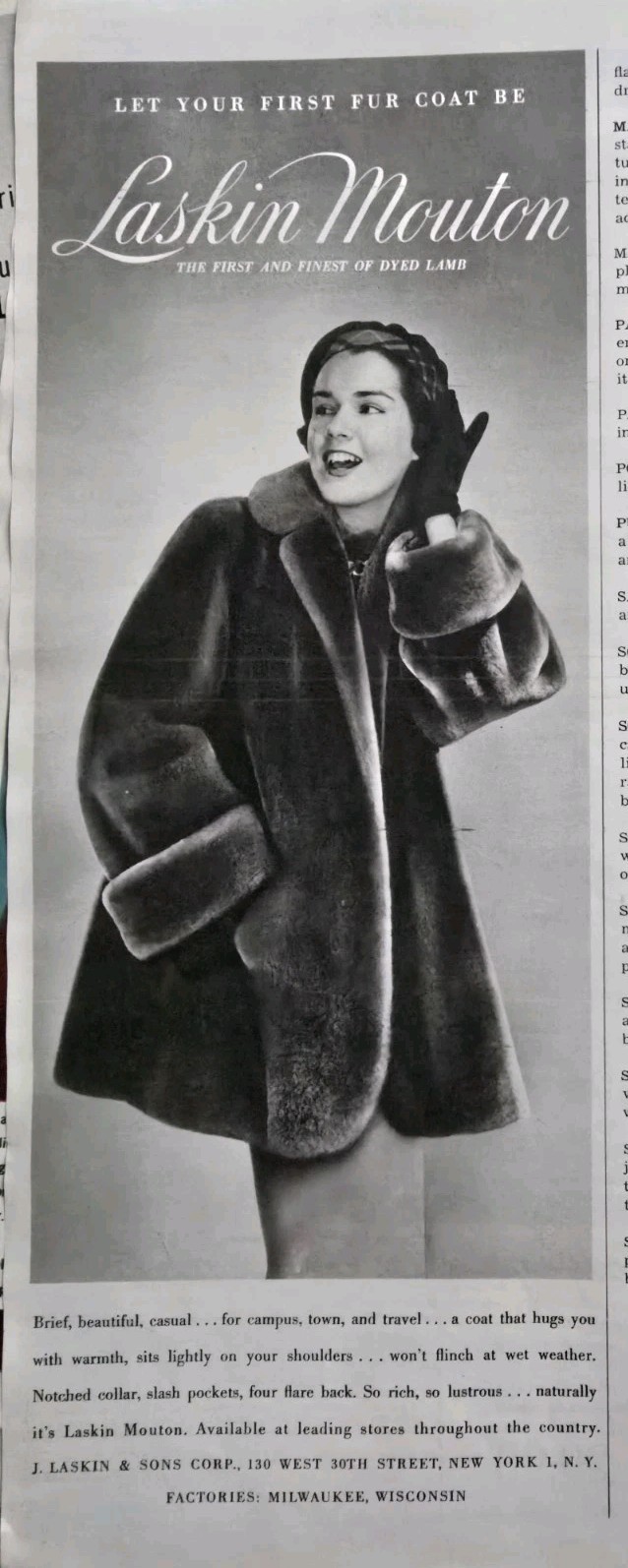 1950 Women's Laskin Mouton Dyed Lamb Fur Coat Fashion vintage Ad 