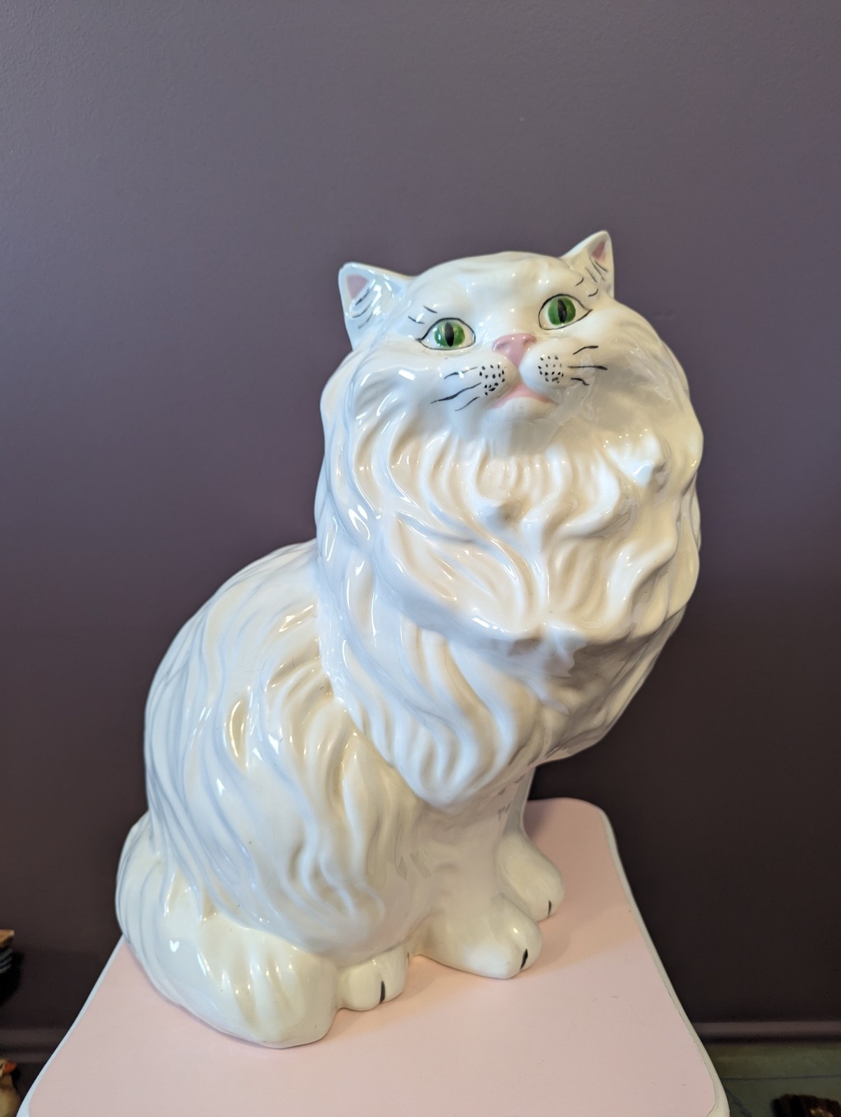 Large Vintage 1969 Hearth Cat Longhair Persian Statue w/ Green Eyes MCM Collect
