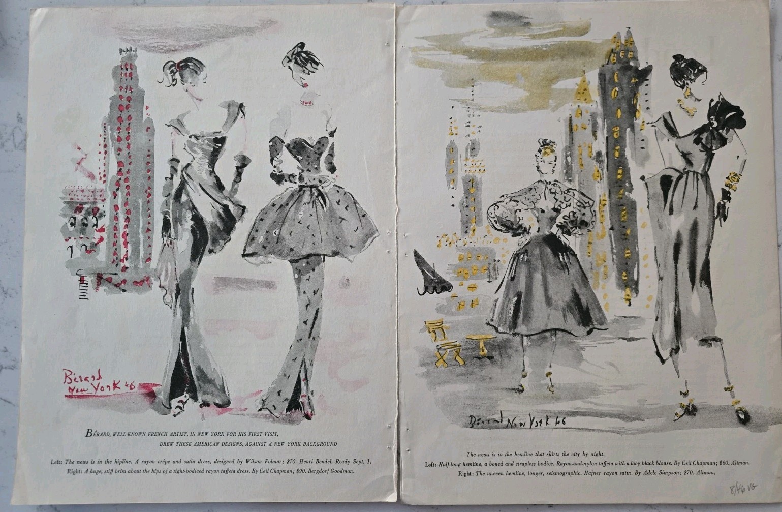 1946 Women\'s Gowns Dresses Christian Berard Art Clipping Pages Ad 