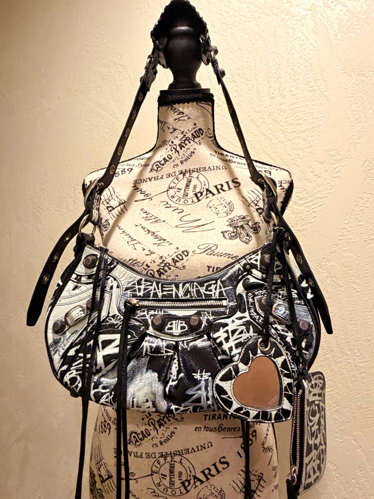 Balenciaga Le Cagole Mini Shoulder Bag Graffiti Black & White w/ Mirror