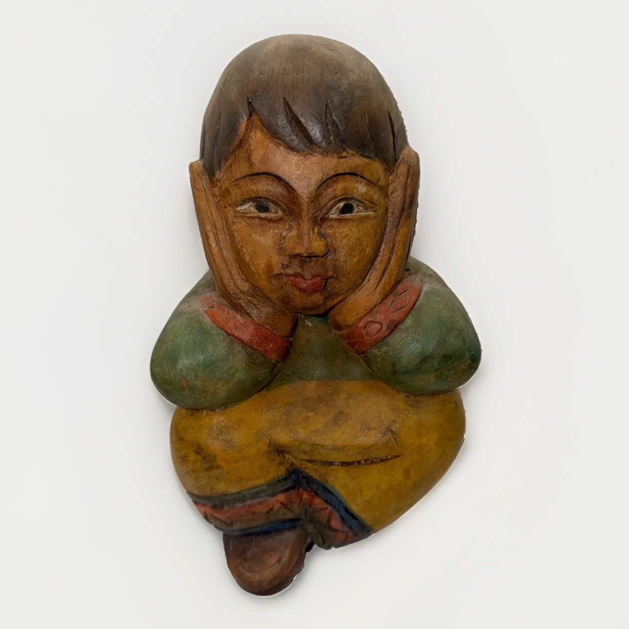 Vintage Hand Carved Painted Wood Seated Child Statue Thai Style Folk Art 9.5 in