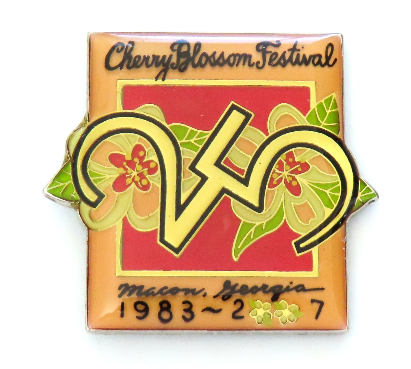 Cherry Blossom Festival Lapel Pin Vintage Macon Georgia 25 Years Flower Square