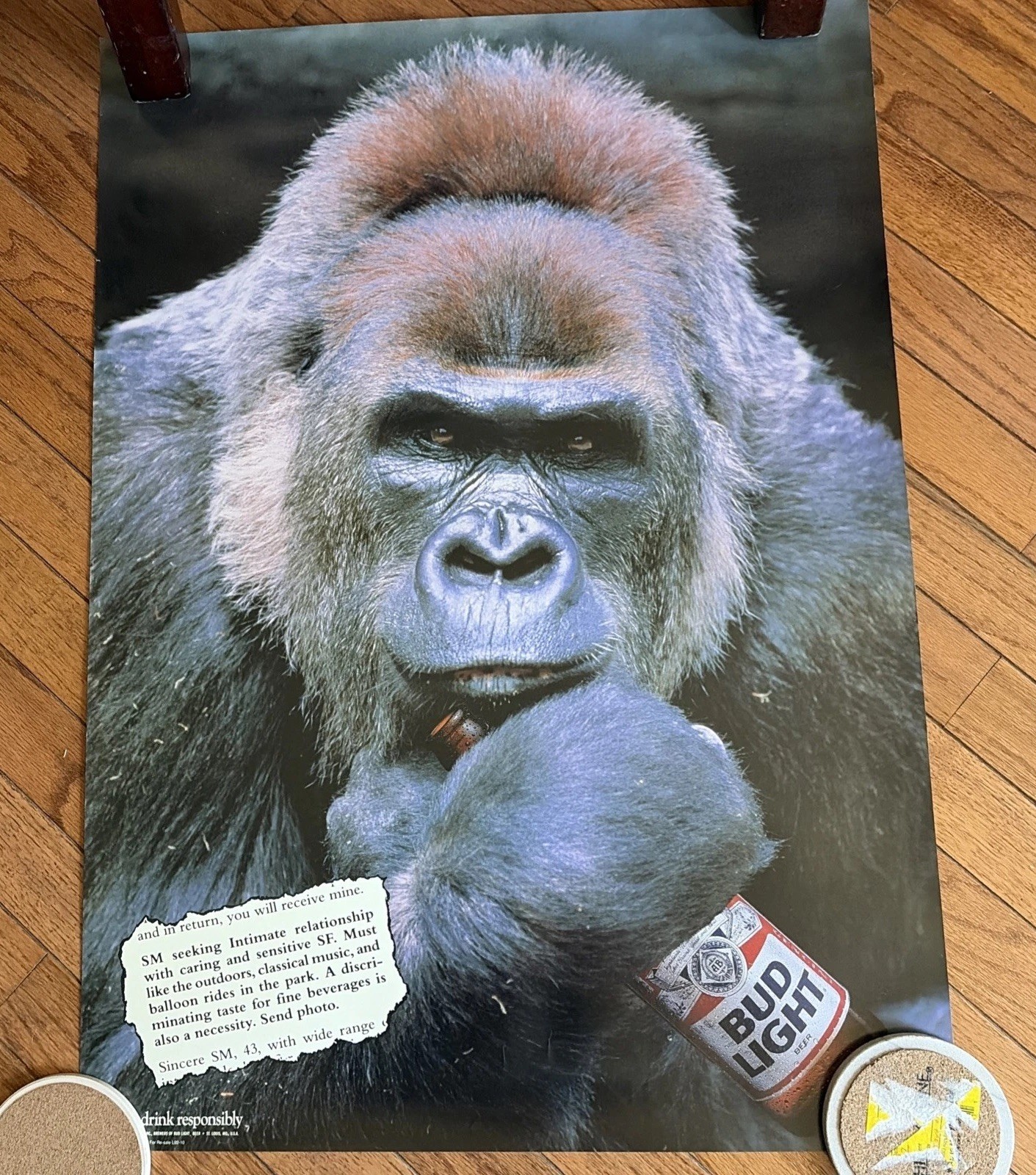 Vintage 1992 Bud Light Silverback Gorilla Personal Ad Beer Poster 20x28