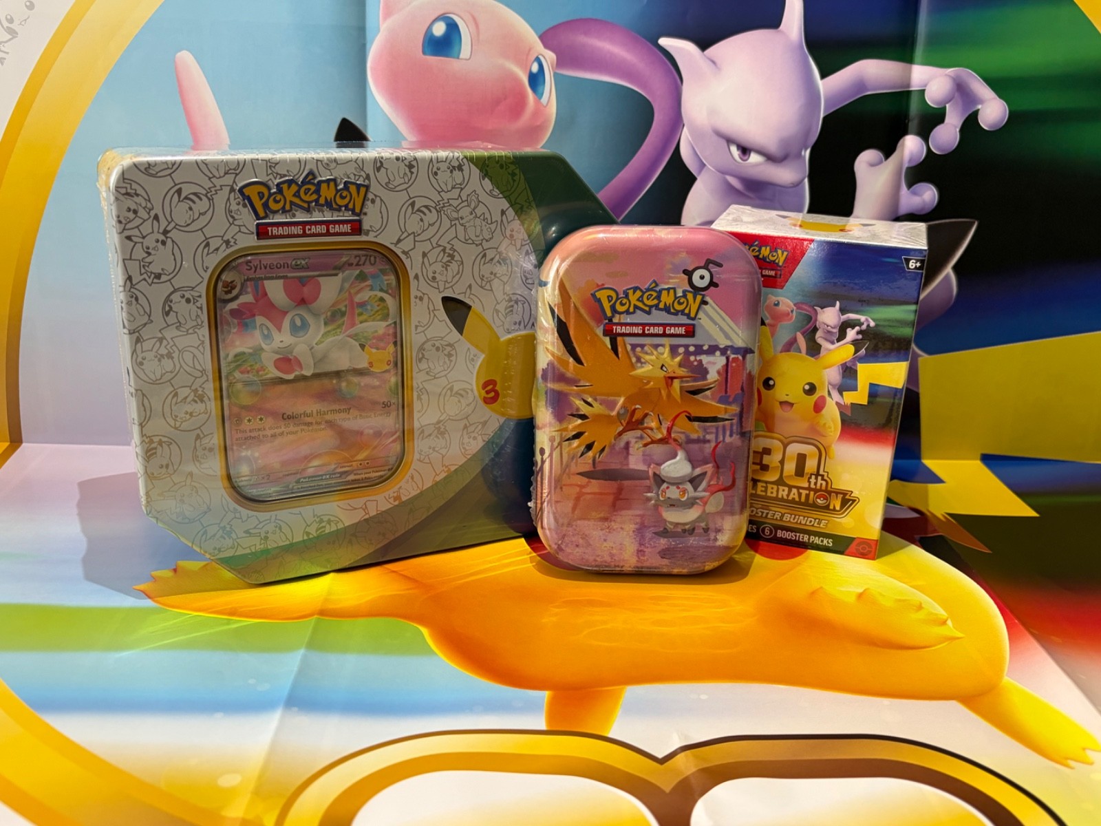 Pokémon 30th Anniversary Celebration Sylveon ex tin + mini tin + Booster Bundle