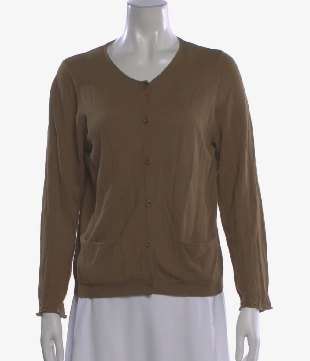 Dries Van Noten, brown cardigan merino wool/rayon blend, size Large, excel cond.