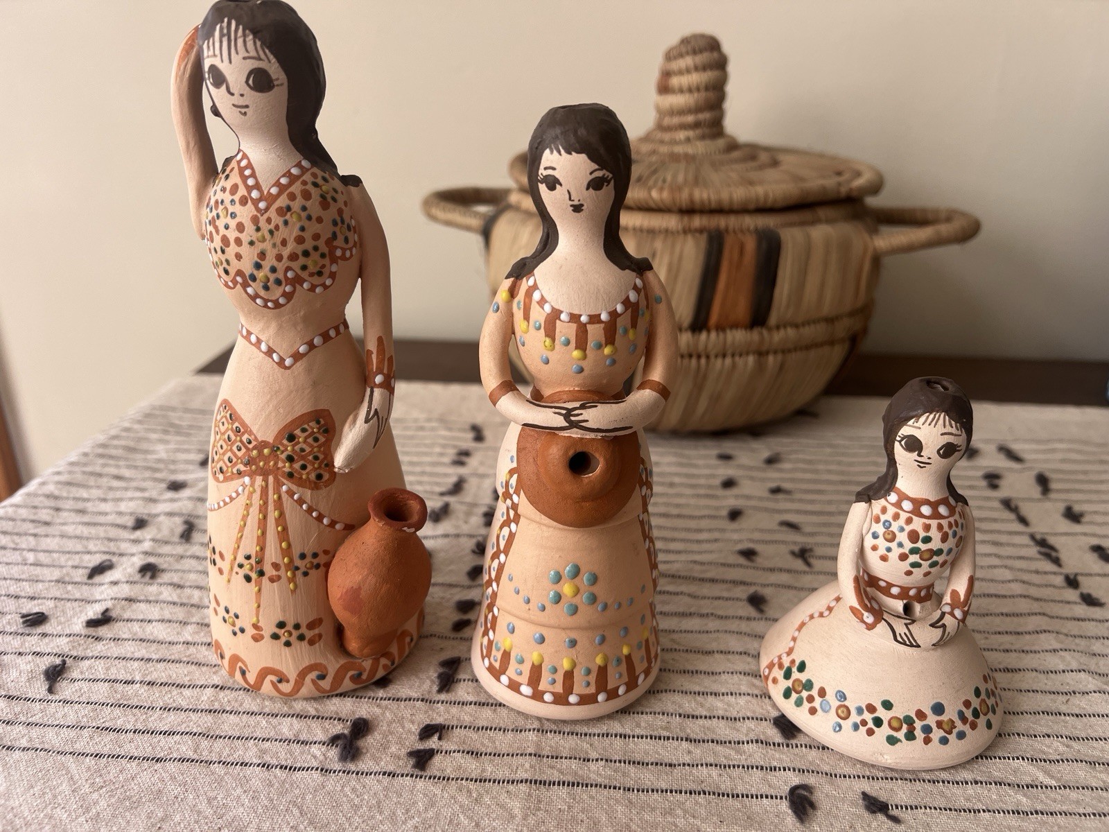Vintage 1990 Bellon Spain Pottery Women Figurines Set 3 Hand Painted Folk Art