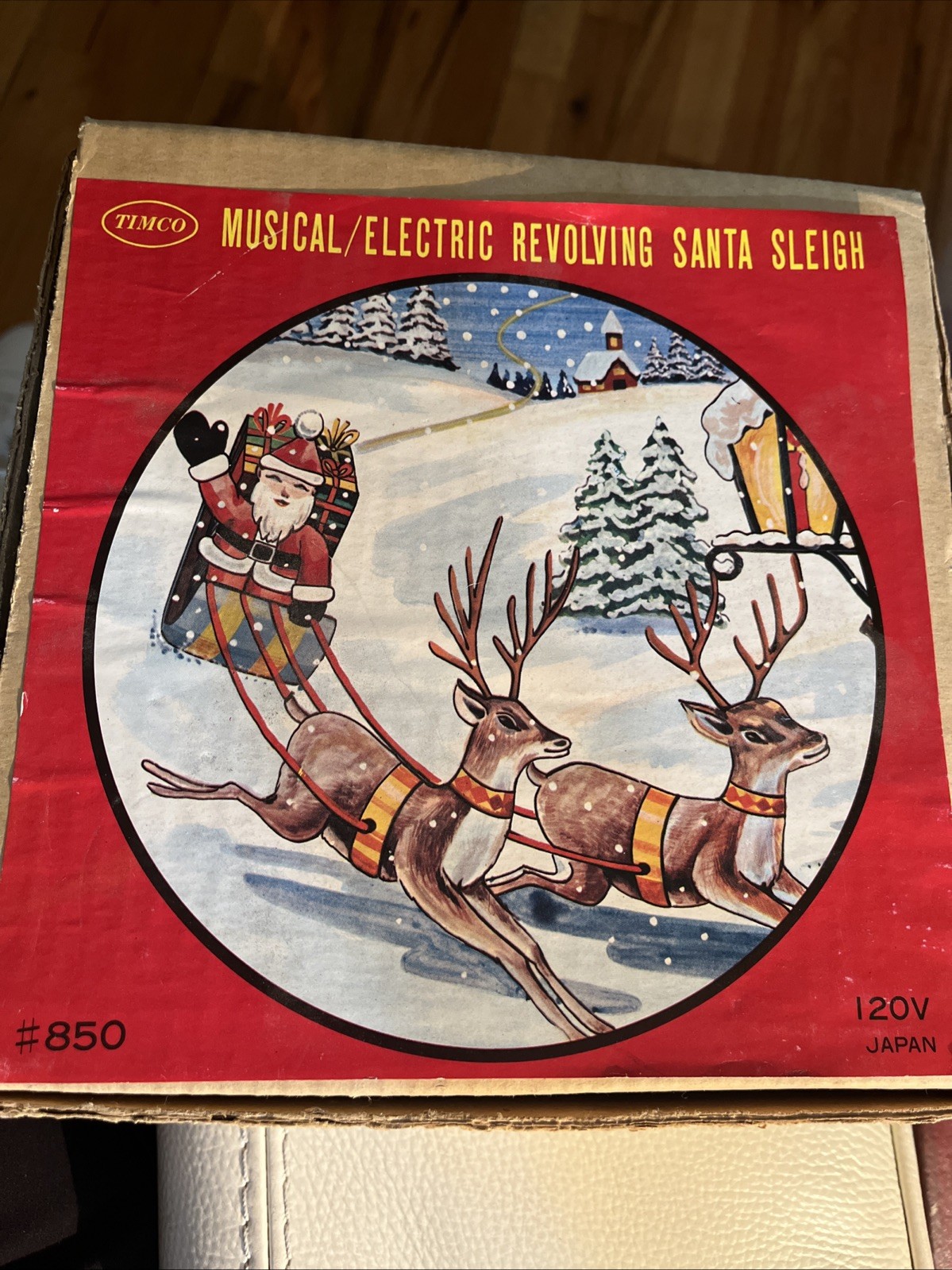 RARE VTG Timco MUSICAL/ELECTRIC REVOLVING SANTA SLEIGH LIGHTS BOXED 1950-60\'s