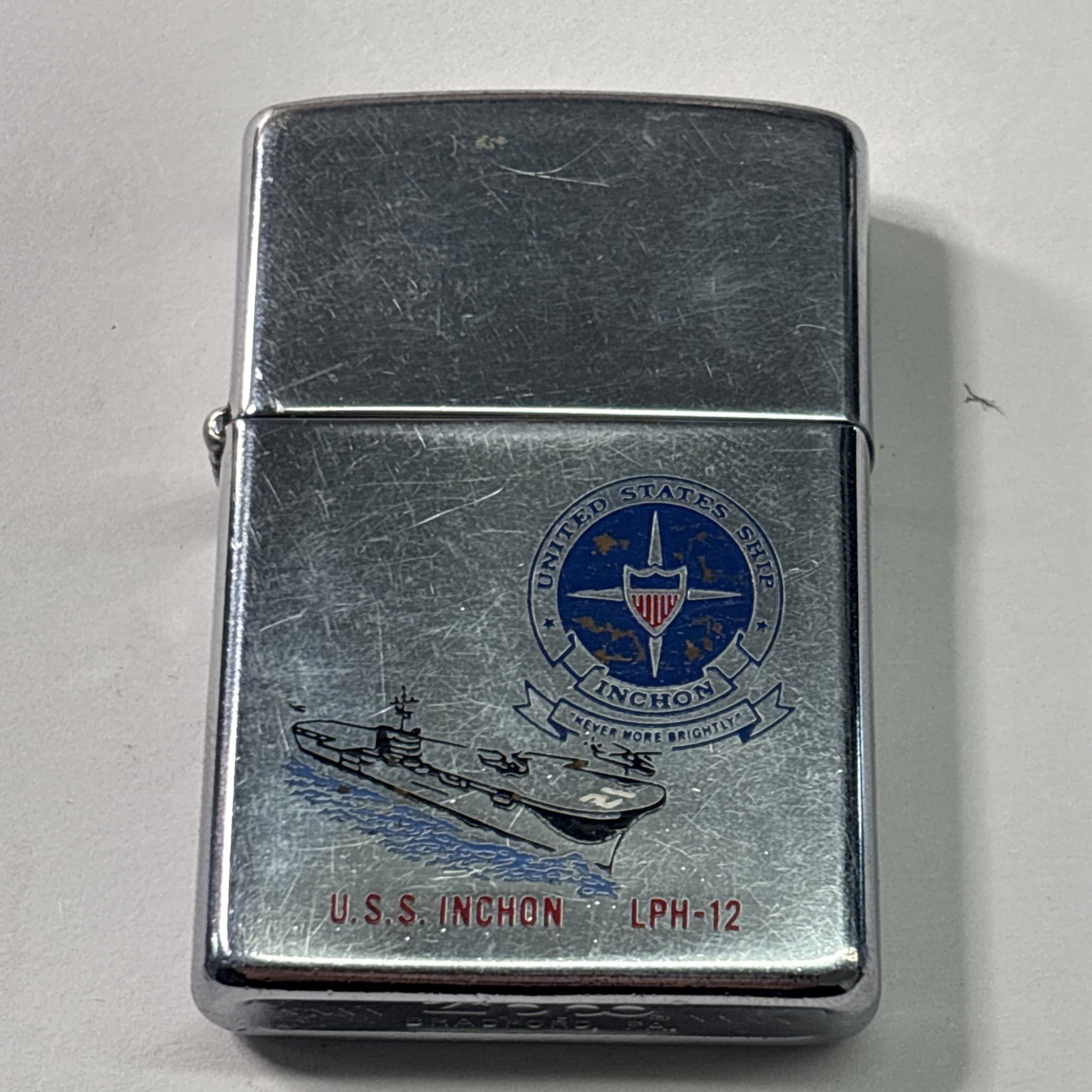 Vintage 1982 USS Inchon LPH-12 Military  Ship Chrome Zippo Lighter