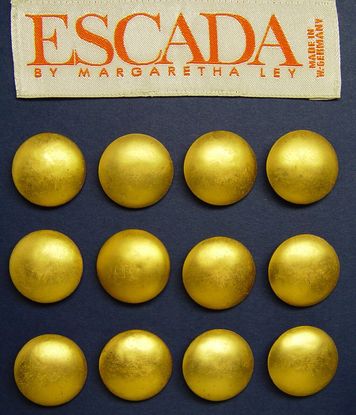 12 ESCADA GOLD TONE DULL FINISH 2-PART METAL REPLACEMENT BUTTONS GOOD USED COND.