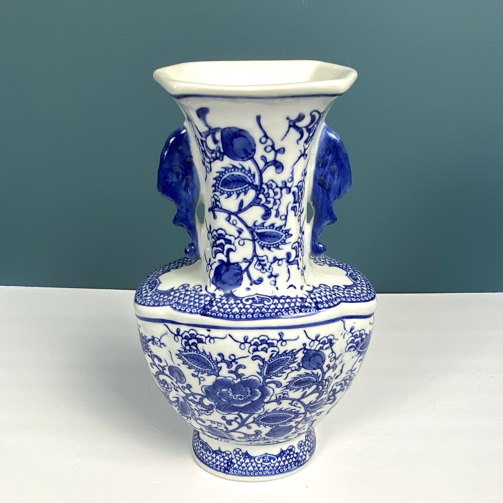 Vintage Chinese Blue White Porcelain Elephant Handle Baluster Vase Chinoiserie
