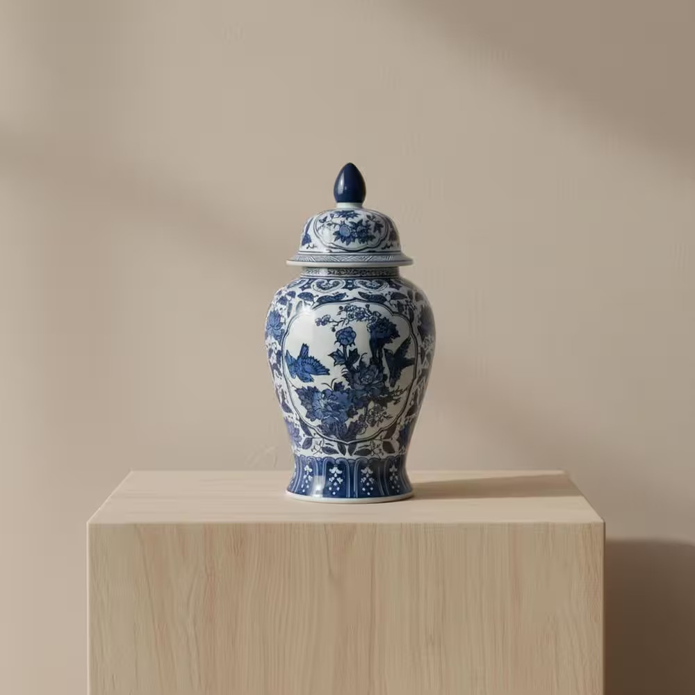 18.25 In. Blue Ceramic Chinoiserie Floral Decorative Jar