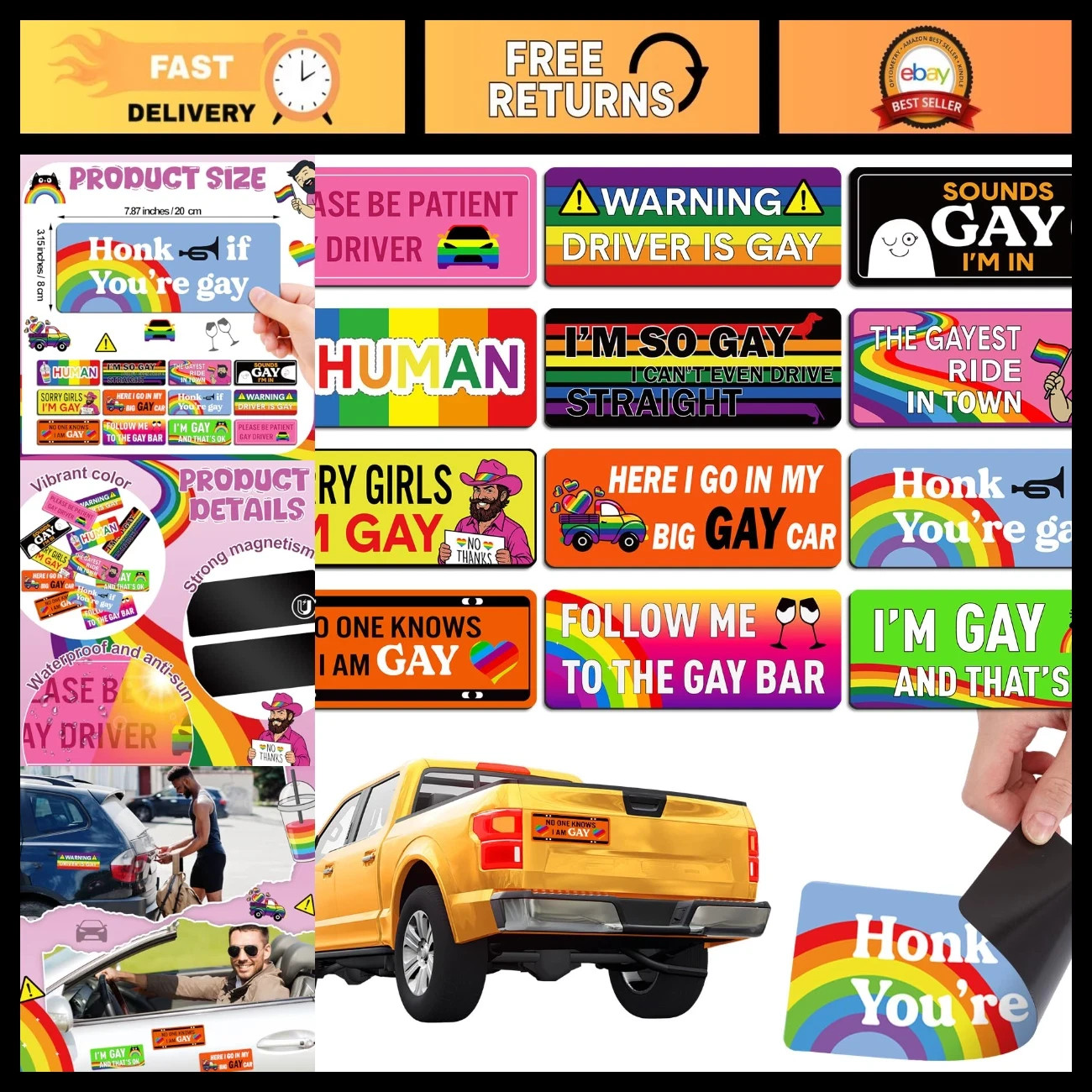 12 Pcs Funny Rainbow Car Magnets - Bumper Stickers, Prank Gifts, Stylish Decor