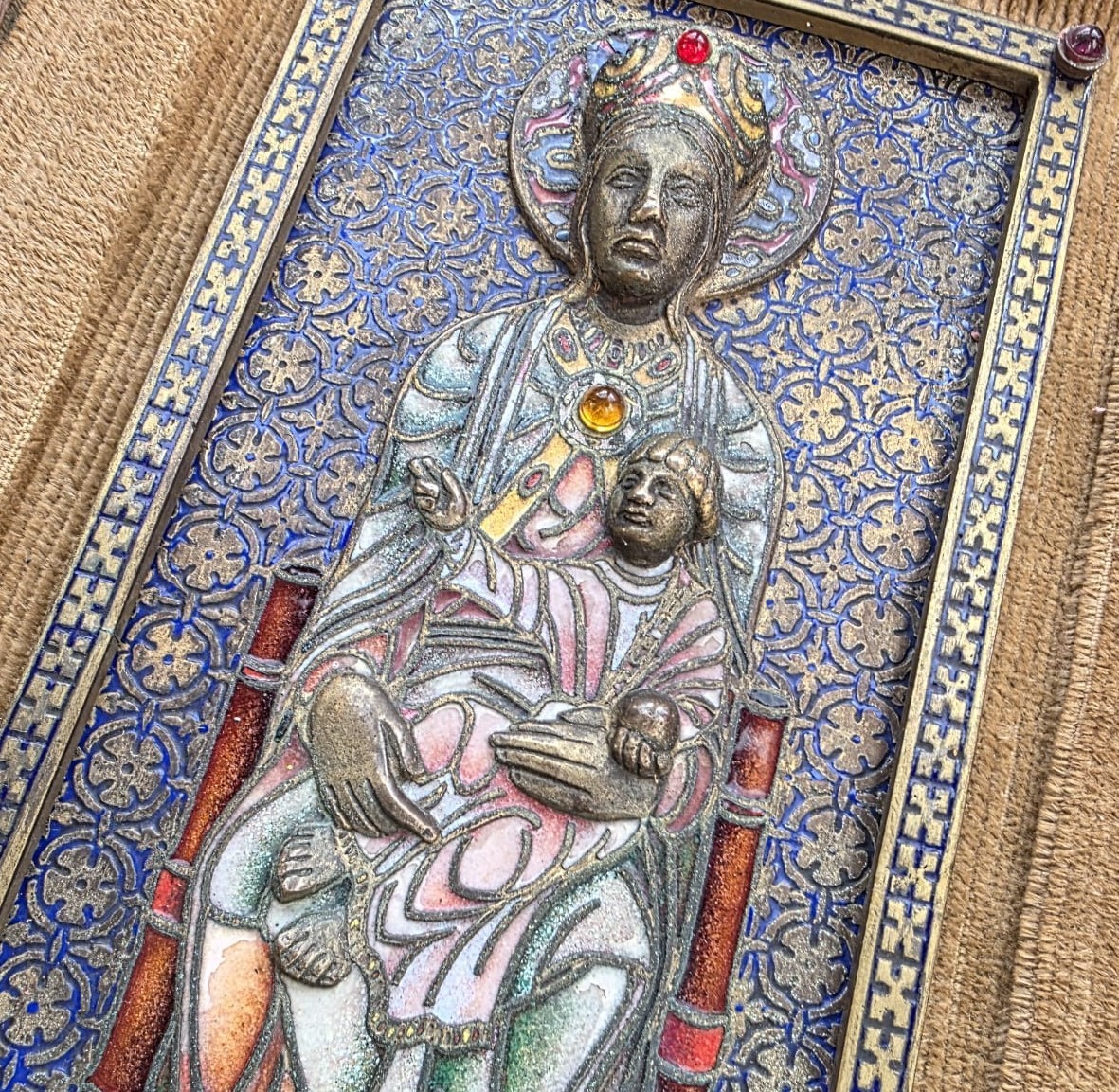 1800 Enamel Gilt Bronze Religious Virgin Mary and The Child Altar Reliquary Icon