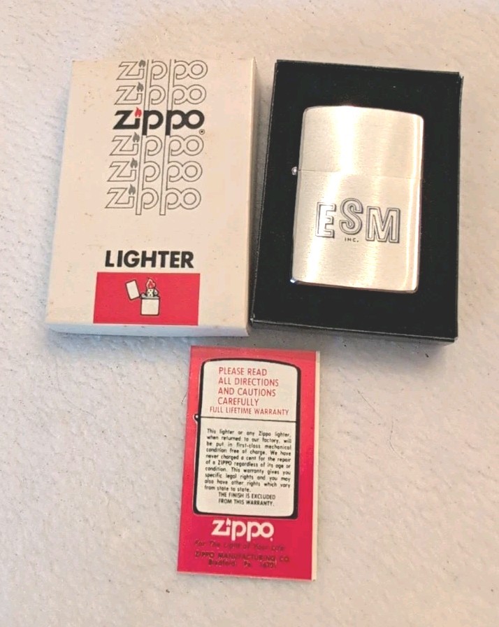 Vintage 1982 Zippo Lighter ESM Inc Advertising Brushed Chrome Unfired Box Papers