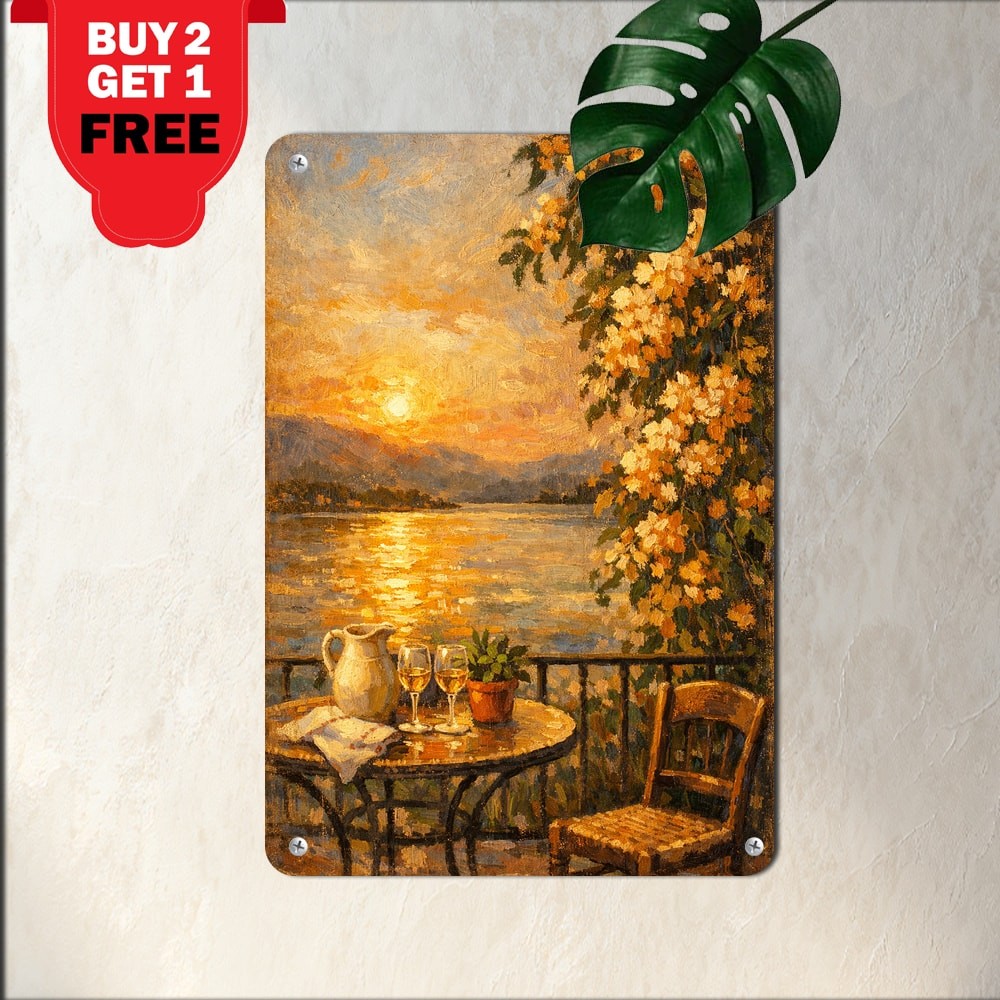 Terrace at Sunset Waterside Cafe Impressionist Oil Painting Tin Sign