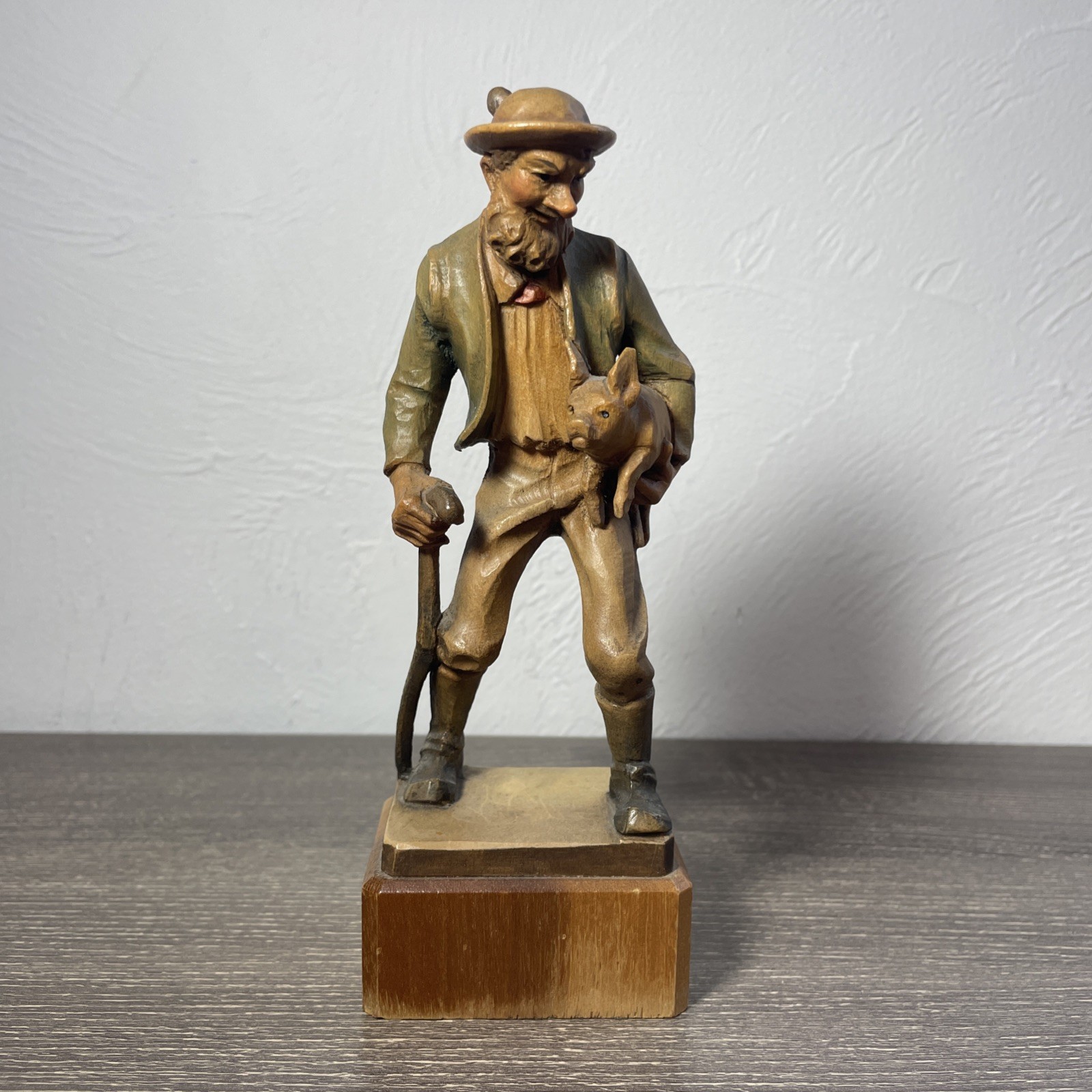 Vintage Rare Anri Wood Carved Folk Art Man Carrying A Pig - Farmer 7”